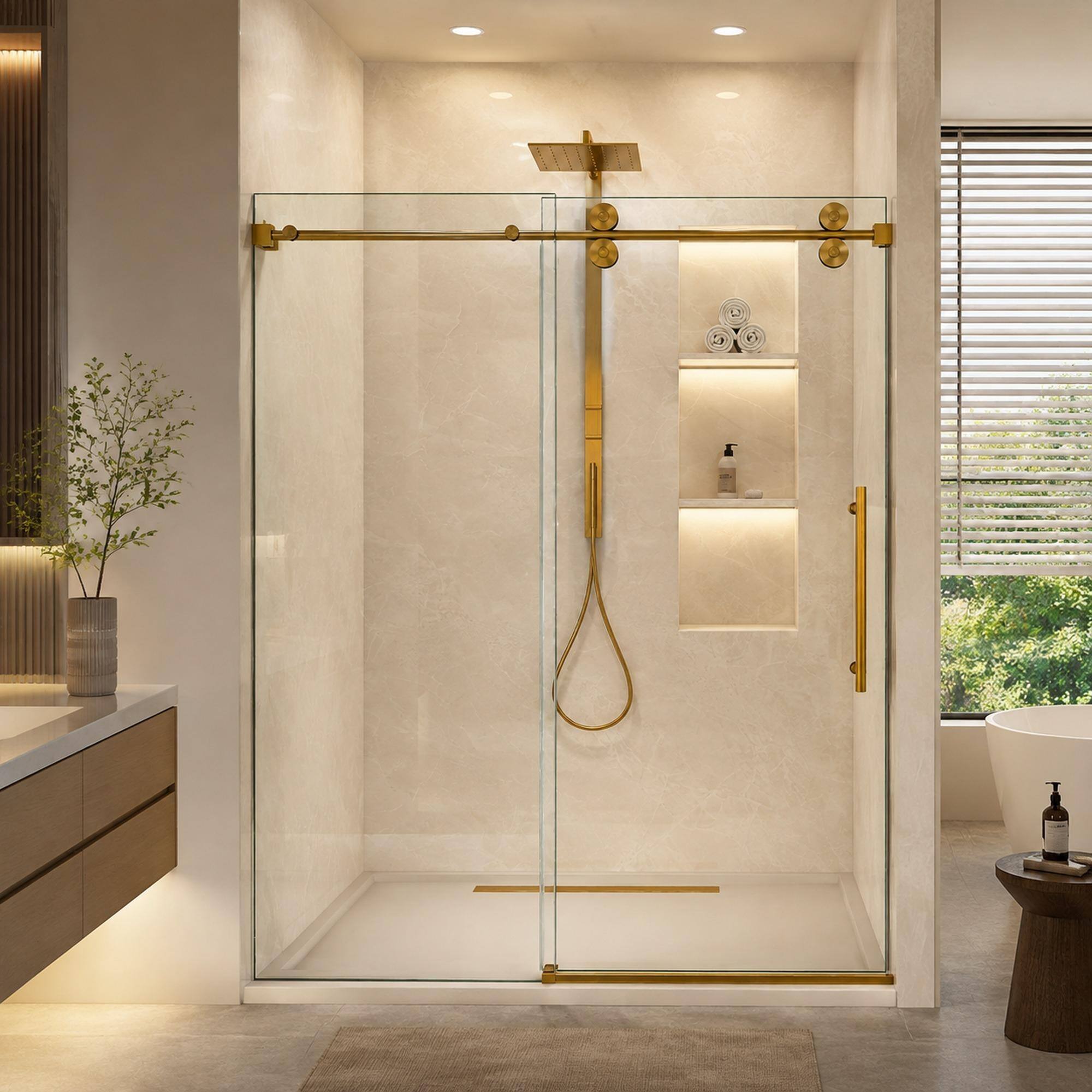 Front. RYHNUYNE - 56-60 In W X 72 In H Frameless Single Sliding Shower Door, 5/16 In Clear Tempered Glass Brushed Gold Finish - Brushed Gold.