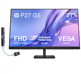 HP - P27 G5 27" FHD Monitor, Anti-Glare, Flicker Free, VESA Mount (100mm), VGA, HDMI & DKZ Hub, (64X69AA#ABA) - Black