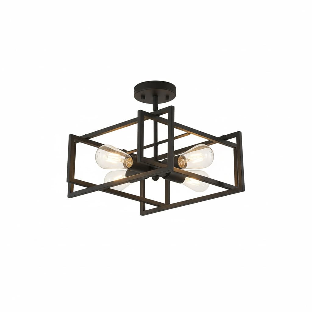 Front. FINEAK - 12.2" Black 4-Light Industrial Farmhouse Flush Mount Ceiling Light.