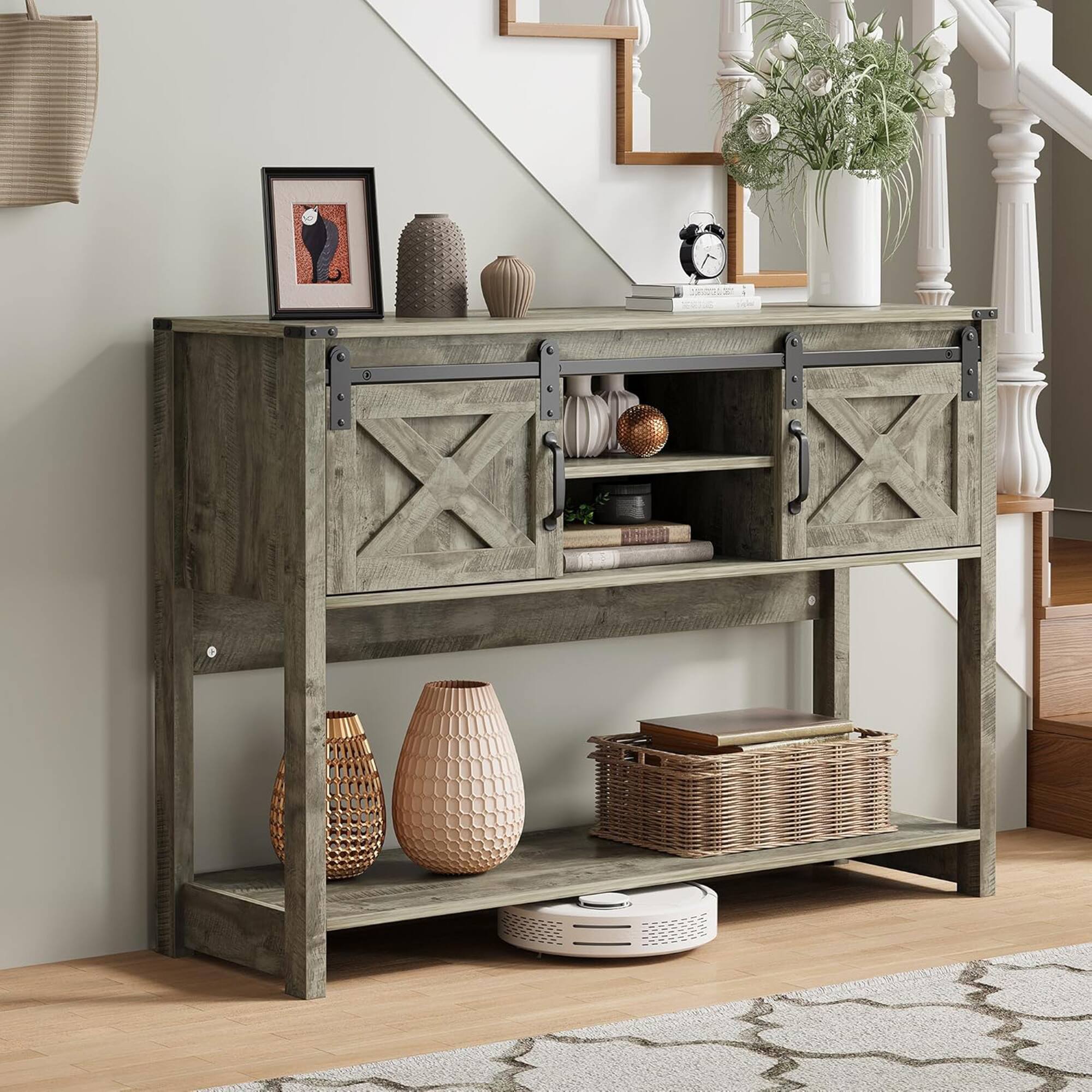 Alt View 4. RoyalCraft - RoyalCraft Farmhouse Entryway Console Table with Storage Shelves, Light Grey - Light Grey.