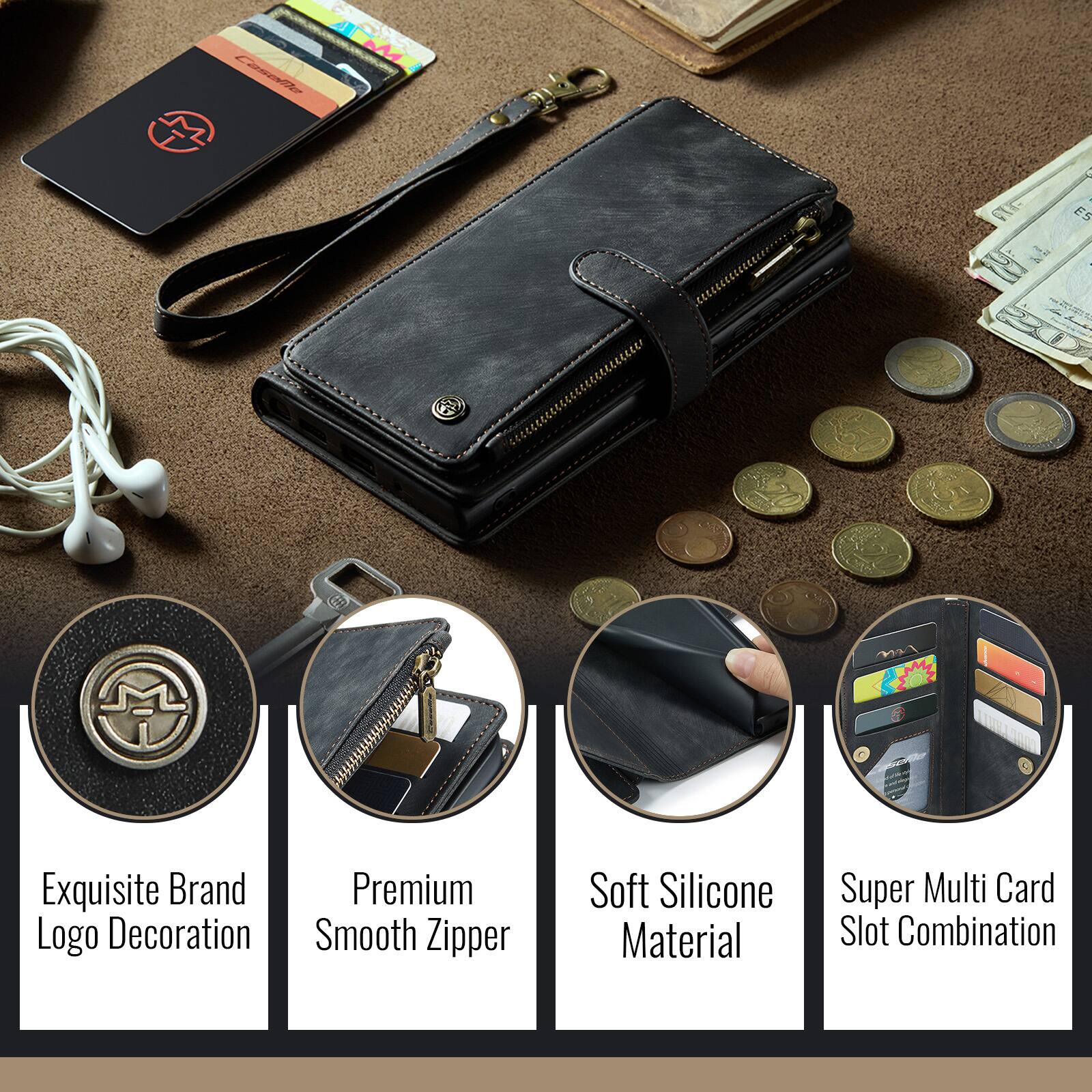 Exquisite Brand Logo Decoration  
Premium Smooth Zipper  
Soft Silicone Material  
Super Multi Card Slot Combination