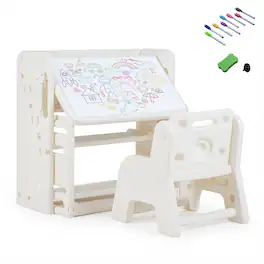 Costway - Kids Desk & Chair Set Children Writing Desk with Side Bookshelves & Storage Baskets - Beige