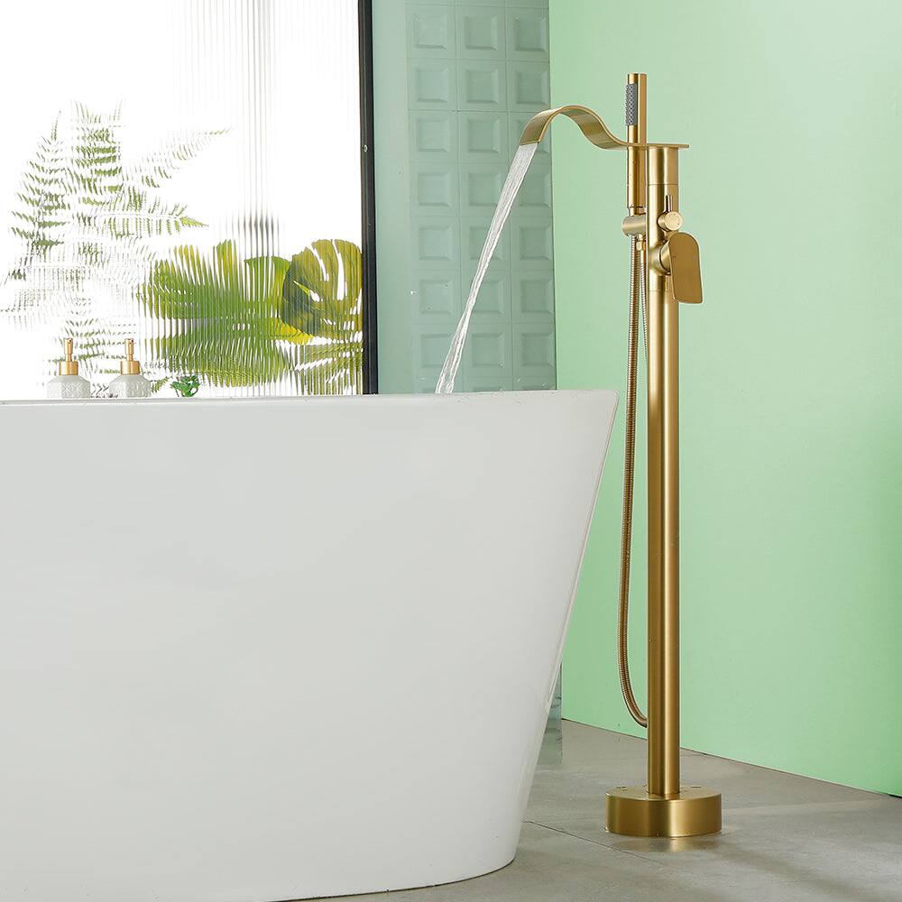 Alt View 1. Boyel Living - Brushed Gold Bathtub Faucet Dual Function 360 Degrees Rotatable 1.5m SUS304 Hose Independent Handles - Brushed Gold.