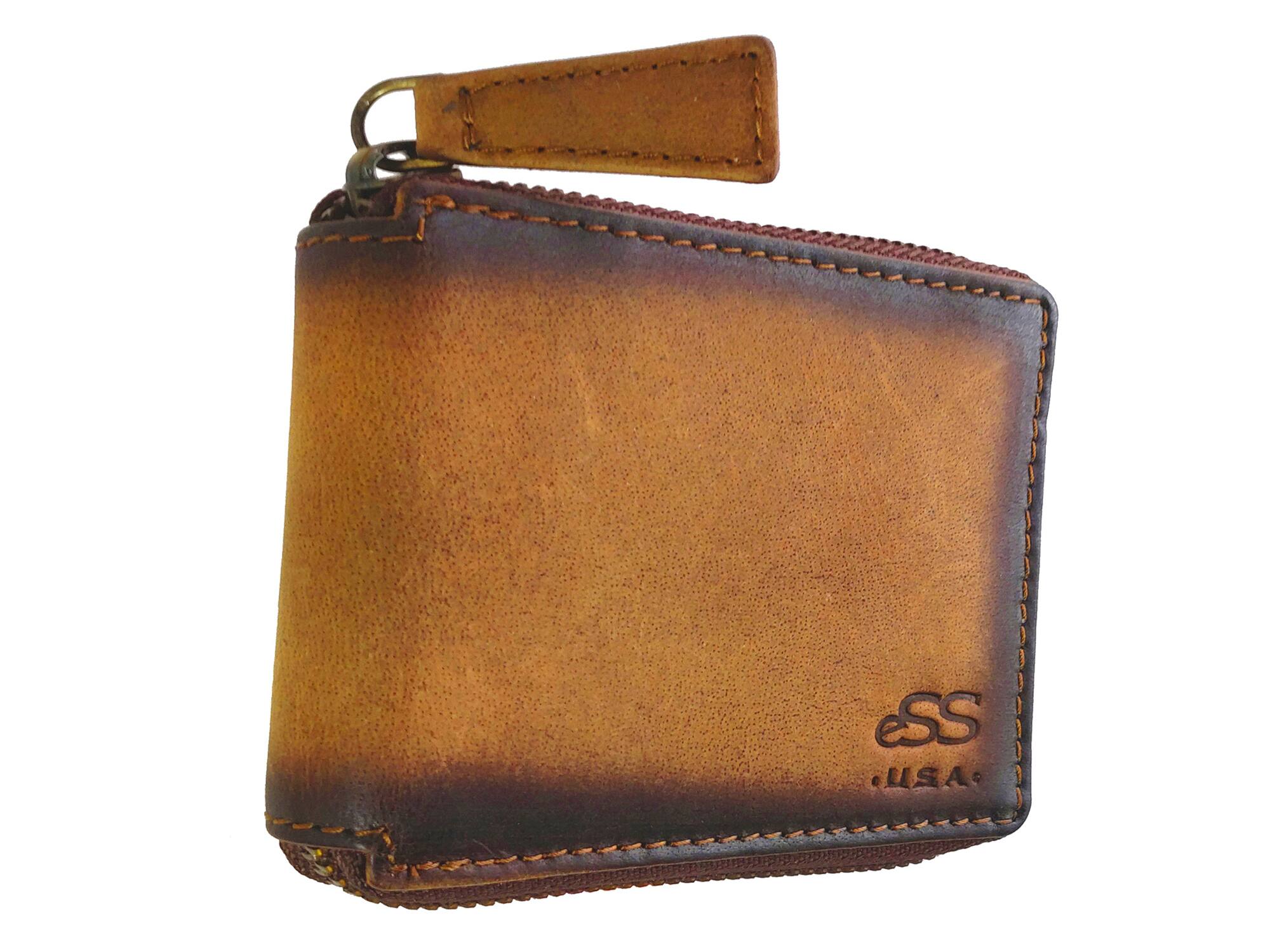 ESS - Zipper wallet for men - Real Leather wallets - Credit card holder with zip coin pocket - Teak