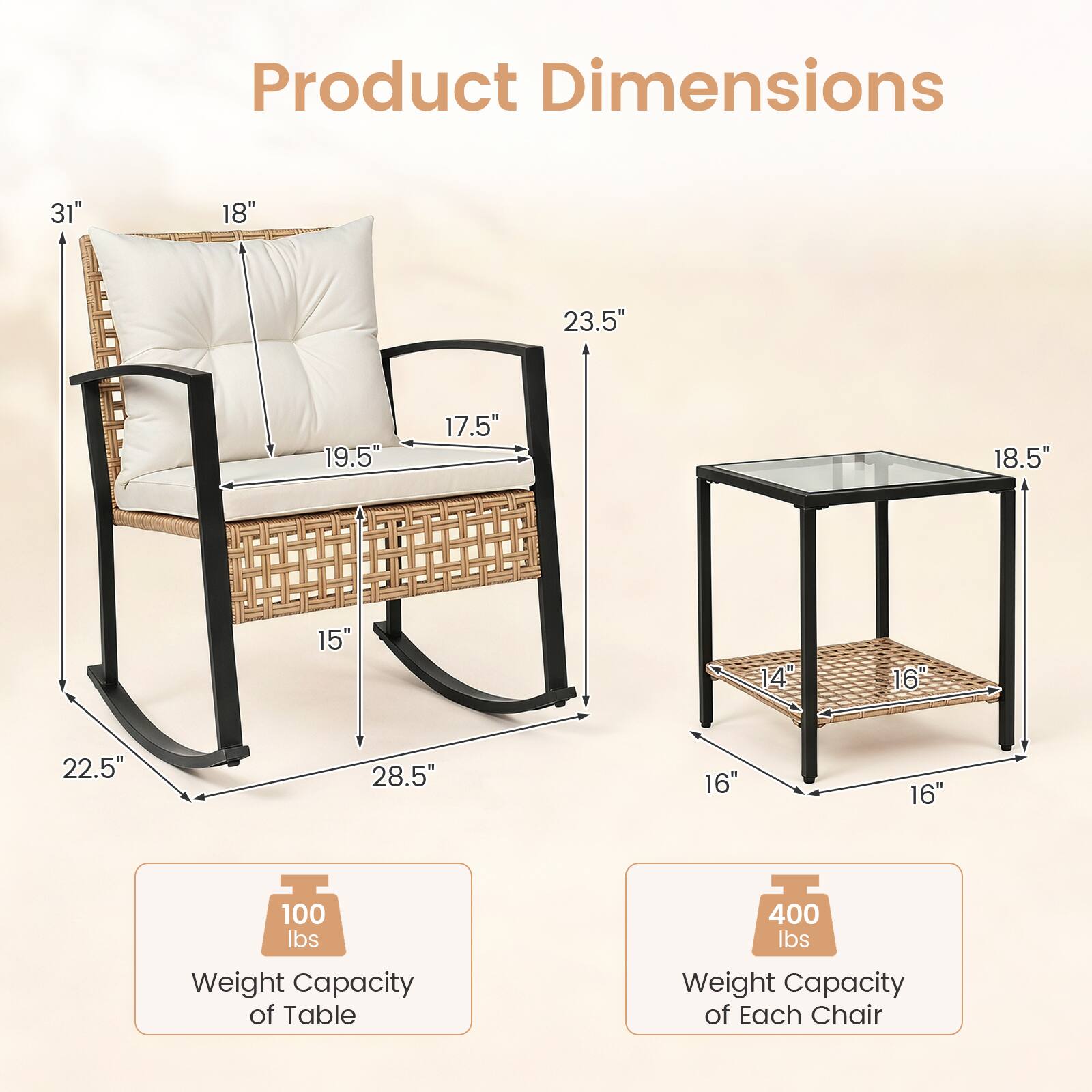 Product Dimensions

- 31"
- 18"
- 23.5"
- 19.5"
- 17.5"
- 18.5"
- 15"
- 14"
- 16"
- 22.5"
- 28.5"

Weight Capacity

- 100 lbs Weight Capacity of Table
- 400 lbs Weight Capacity of Each Chair