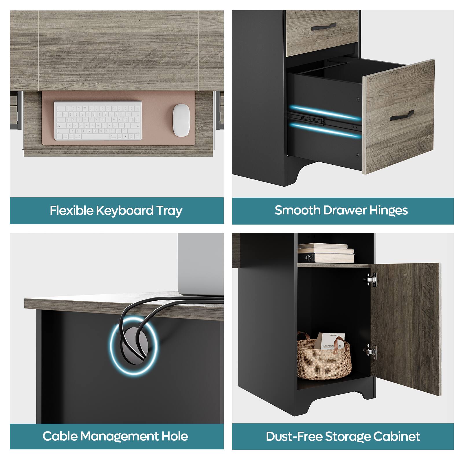 The image features a desk with a keyboard tray, smooth drawer hinges, and a cable management hole. There is also a dust-free storage cabinet in the scene.