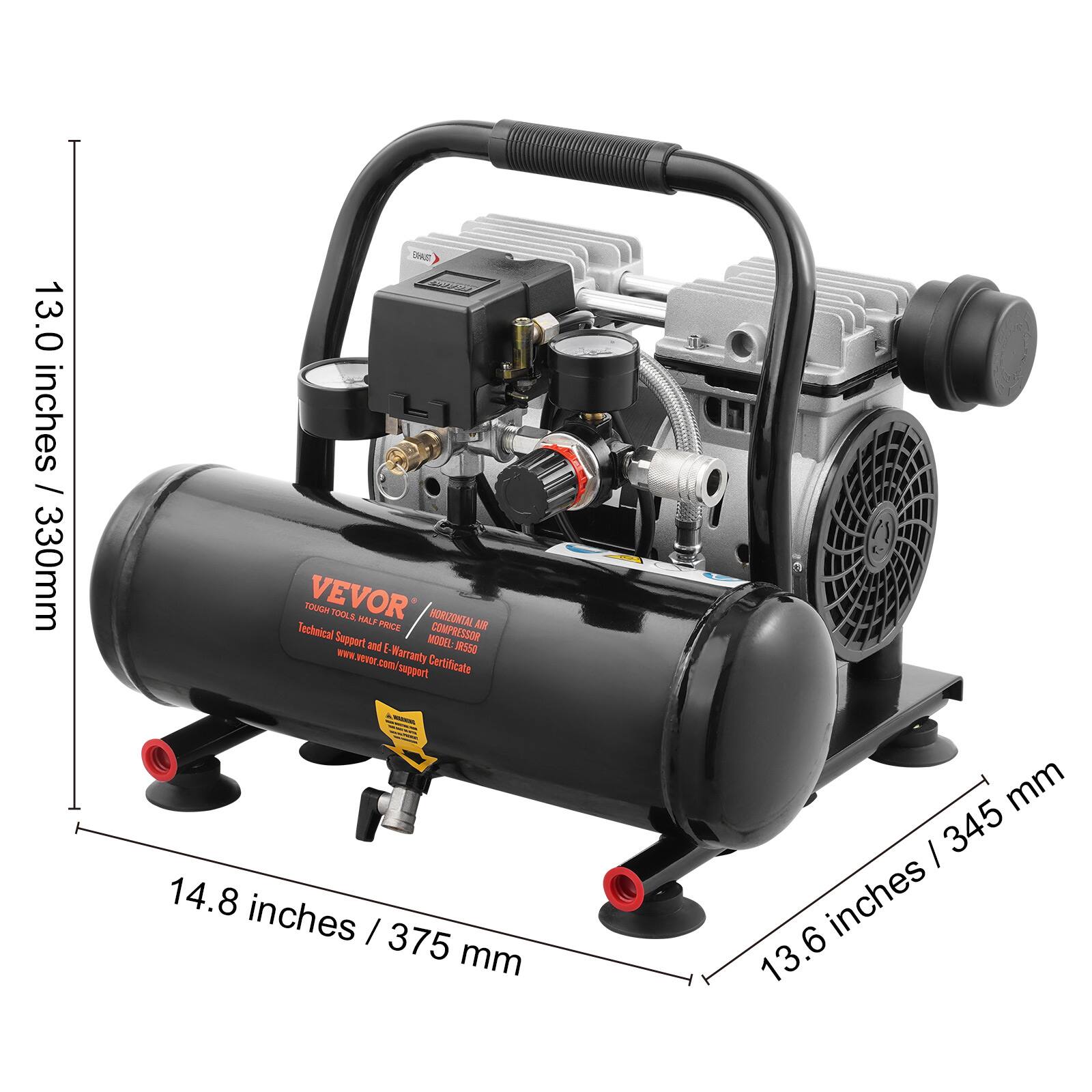13.0 inches / 330mm  
PANS VEVOR TOUGH TOOLS, HALF PRICE HORIZONTAL AIR  
Technical Support MODEL: COMPRESSOR and E- IR550 year lmoo. Warranty Certificate support  
14.8 inches / 375 mm  
13.6 inches / 345 mm