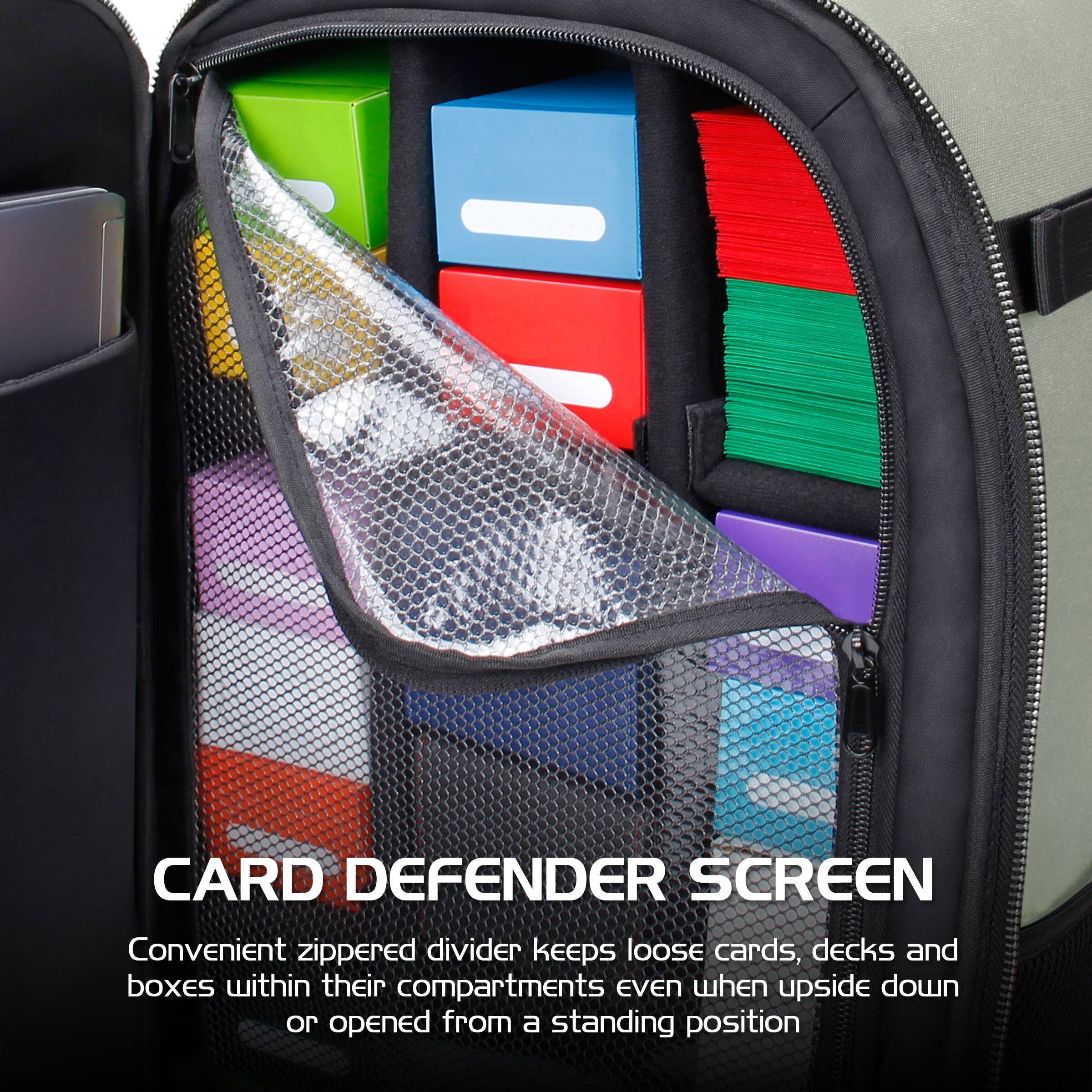CARD DEFENDER SCREEN  
Convenient zippered divider keeps loose cards, decks and boxes within their compartments even when upside down or opened from a standing position