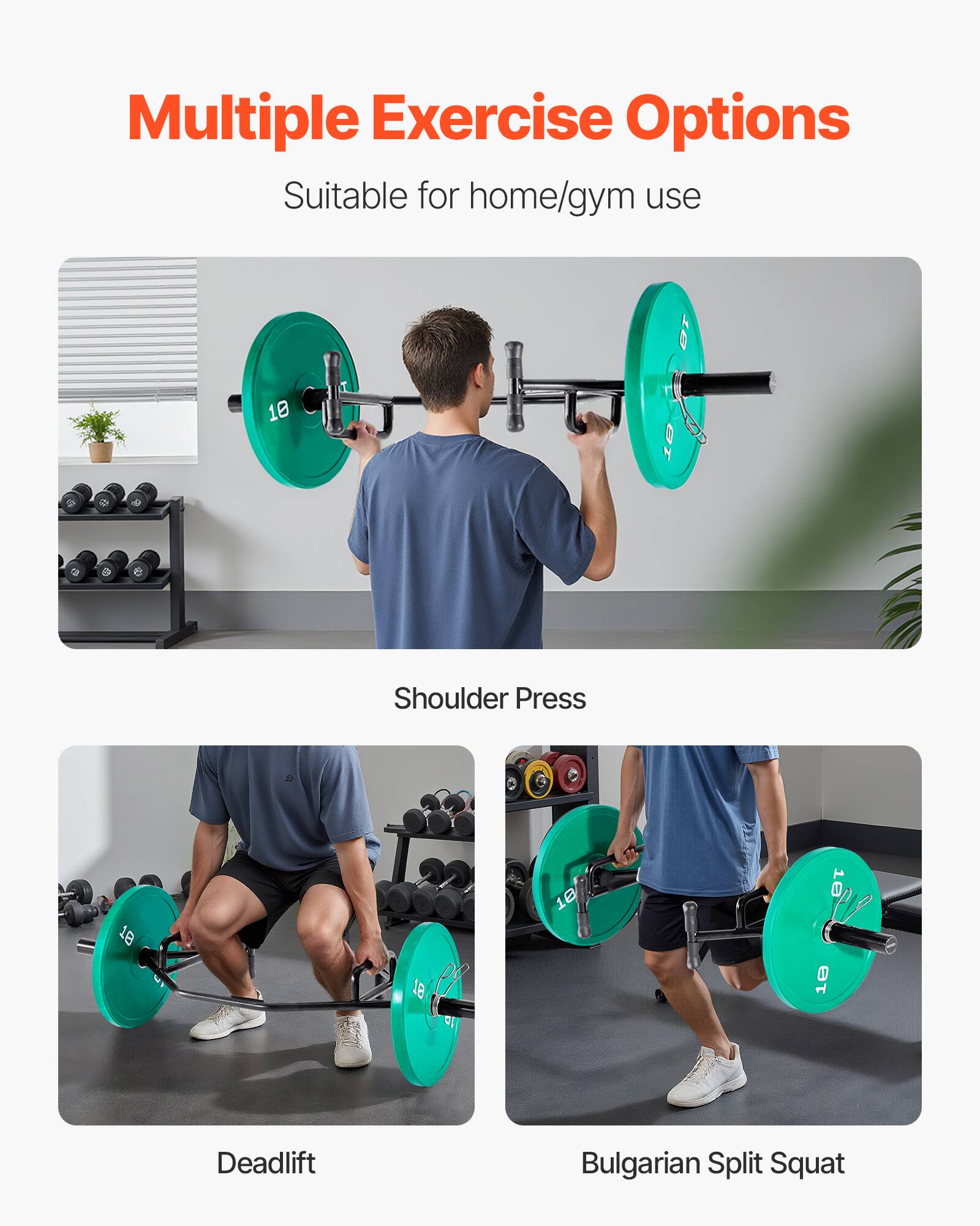 Multiple Exercise Options  
Suitable for home/gym use  

Shoulder Press  

Deadlift  

Bulgarian Split Squat