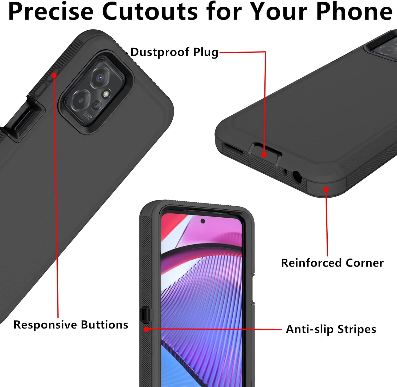 Precise Cutouts for Your Phone, Dustproof Plug, Reinforced Corner, Responsive Buttons, Anti-slip Stripes