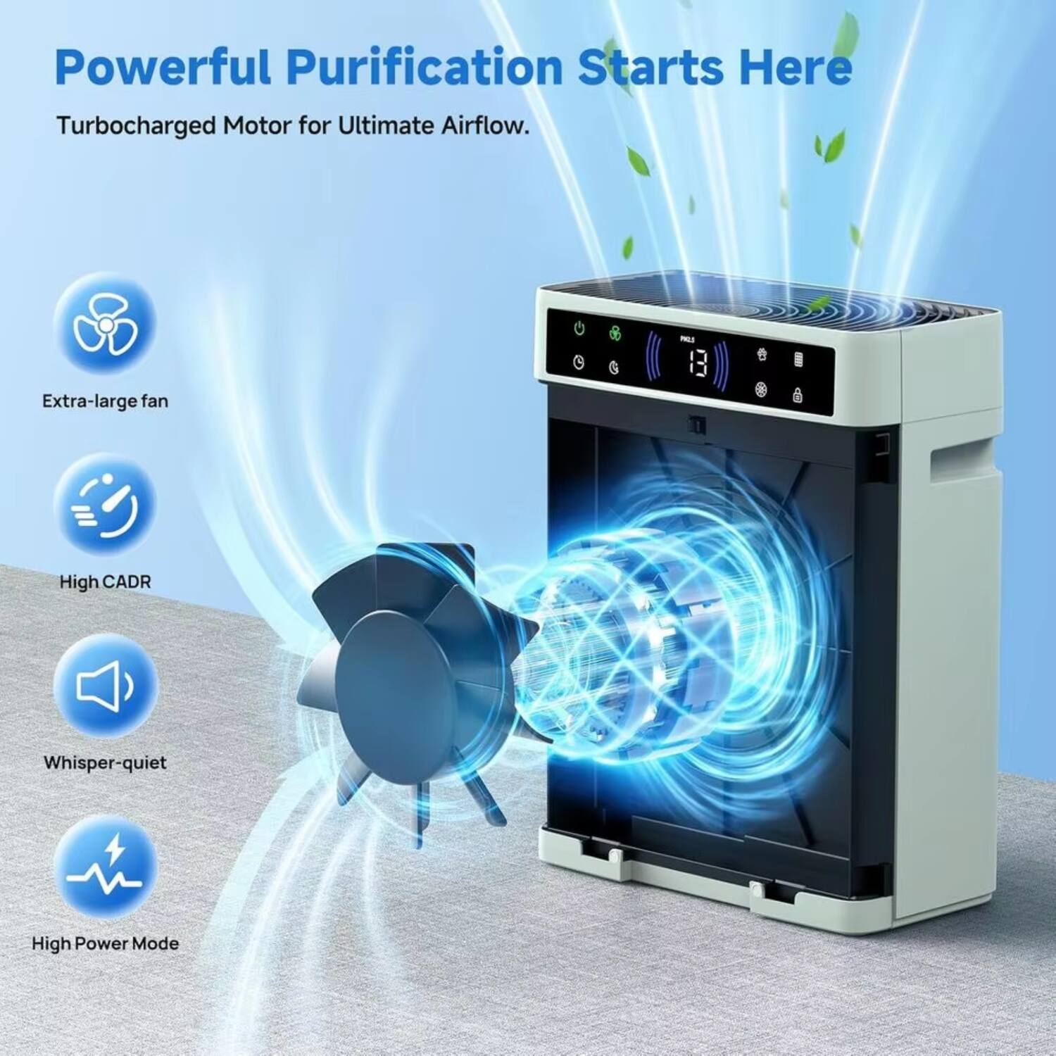 Powerful Purification Starts Here  
Turbocharged Motor for Ultimate Airflow.  

- Extra-large fan  
- High CADR  
- Whisper-quiet  
- High Power Mode