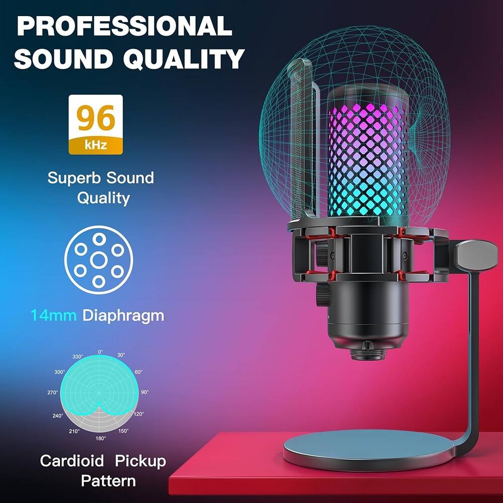 Alt View 1. MOSZAR LLC - USB Gaming Microphone – RGB Condenser Mic with Quick Mute & Tripod Stand.