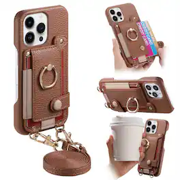 Dteck - Lychee Texture Wallet Case for Apple iPhone 16 Pro Max with Ring Kickstand,Crossbody Faux Leather Cover with Card Holder - Brown