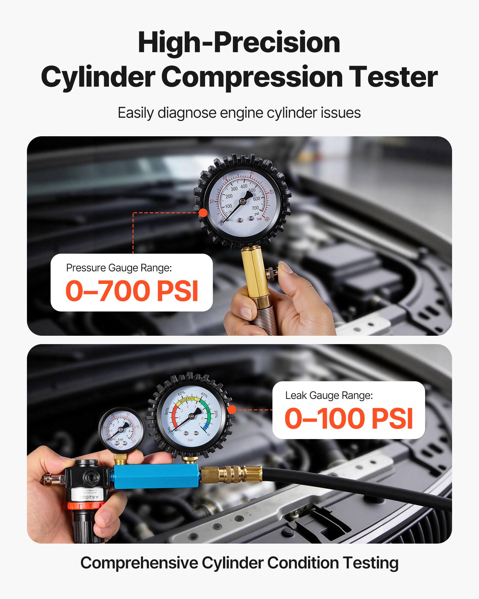 High-Precision Cylinder Compression Tester  
Easily diagnose engine cylinder issues  

Pressure Gauge Range:  
0–700 PSI  

Leak Gauge Range:  
0–100 PSI  

Comprehensive Cylinder Condition Testing