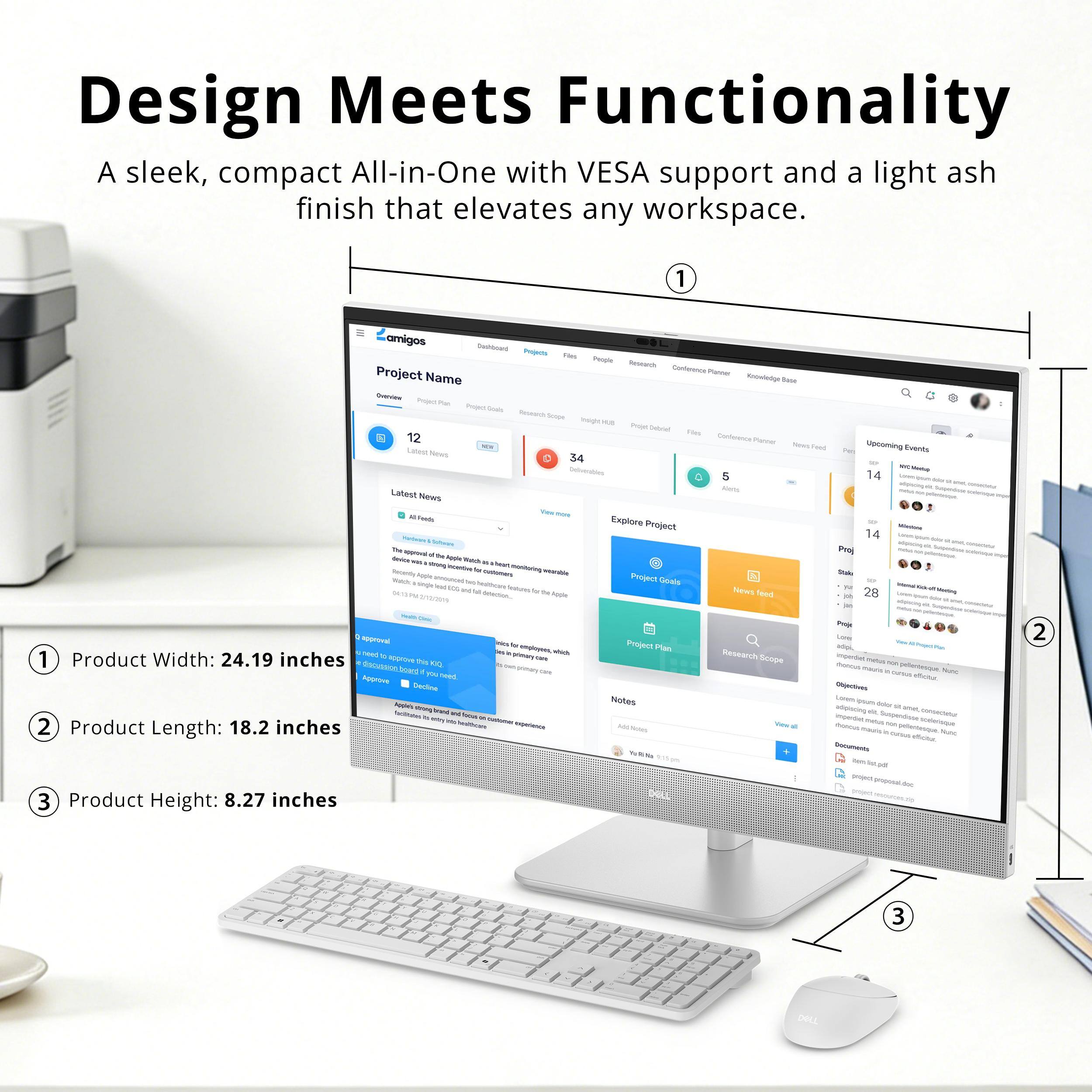 Design Meets Functionality  
A sleek, compact All-in-One with VESA support and a light ash finish that elevates any workspace.

1. Product Width: 24.19 inches
2. Product Length: 18.2 inches
3. Product Height: 8.27 inches