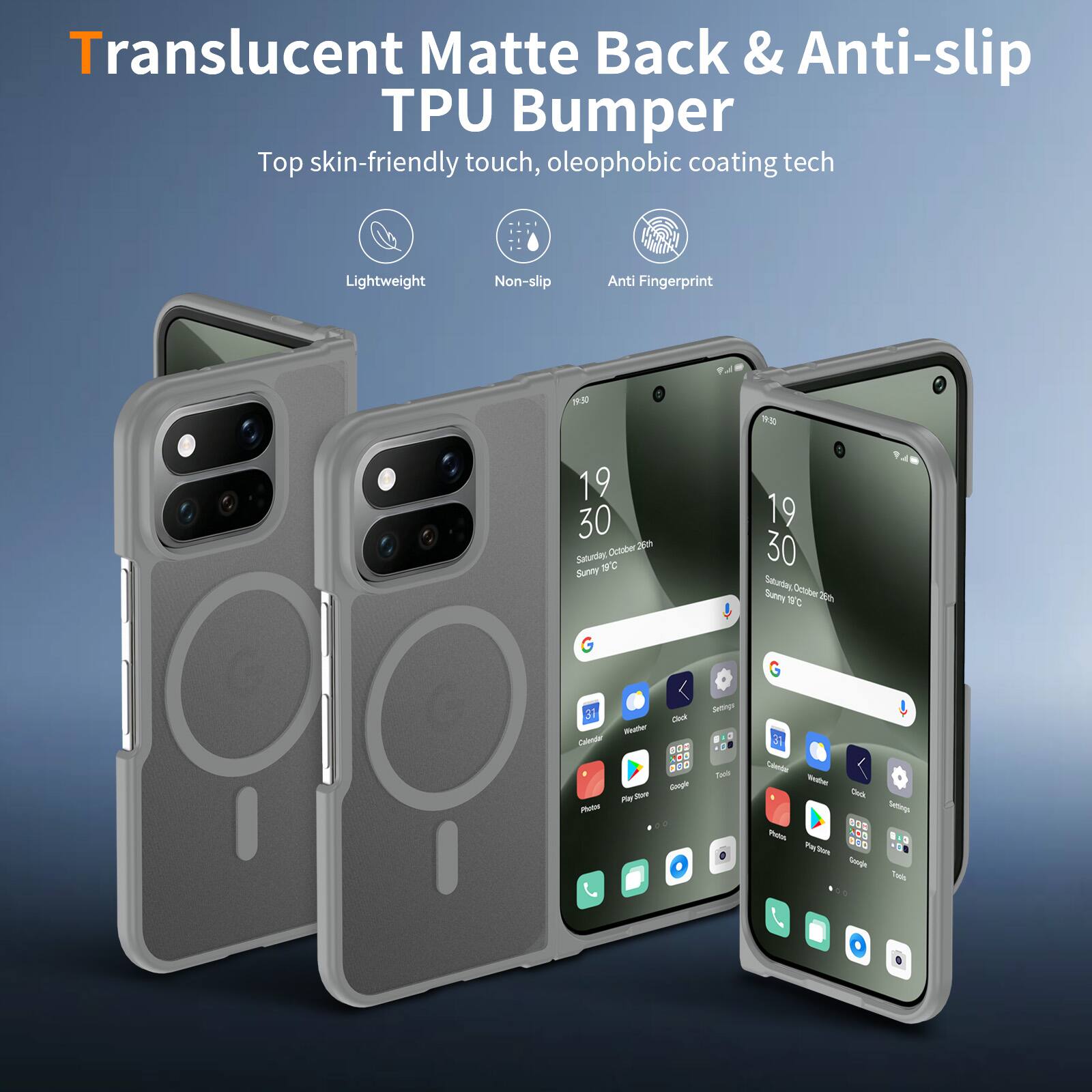 Translucent Matte Back & Anti-slip TPU Bumper  
Top skin-friendly touch, oleophobic coating tech

Lightweight  
Non-slip  
Anti Fingerprint

19 30 October 26th Saturday, 19C Sunny  
19 30 Saturday, October Sunny 18C 20th  
31 Weather Calendar Play Store Photos  
Clock BOD ... Google :  
Settings Tapls  
Calende Westher Cluck Settings BBC Photos NOT Pay Store Google Toos