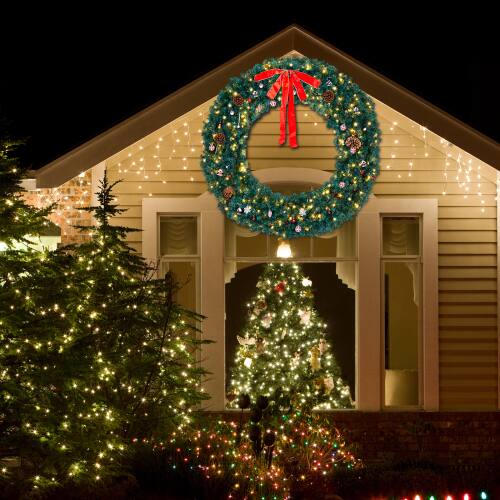 Alt View 4. Winado - 72in Pre-Lit Christmas Wreath with LED Lights, Bows, Ornaments for Door Wall Indoor Outdoor Holiday Party Decorations - Green.