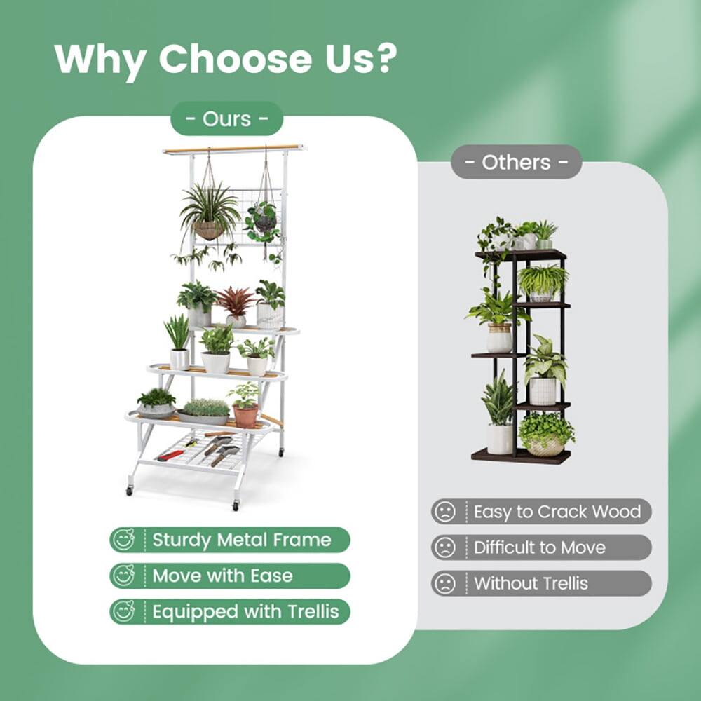 Why Choose Us?

- Ours
  - Sturdy Metal Frame
  - Move with Ease
  - Equipped with Trellis

- Others
  - Easy to Crack Wood
  - Difficult to Move
  - Without Trellis