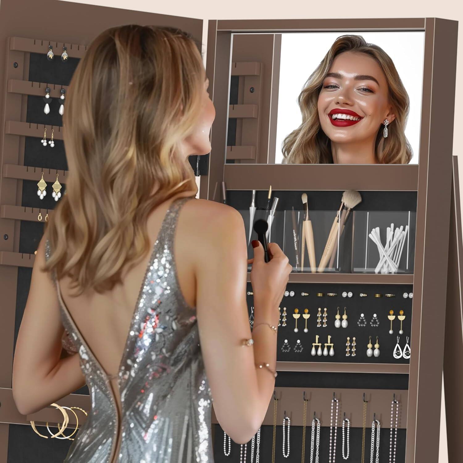 Back. JUJABU - Red Brown 360° Swivel Jewelry Cabinet Organizers with Full Length Mirror Best Gift for Girls - Red Brown.