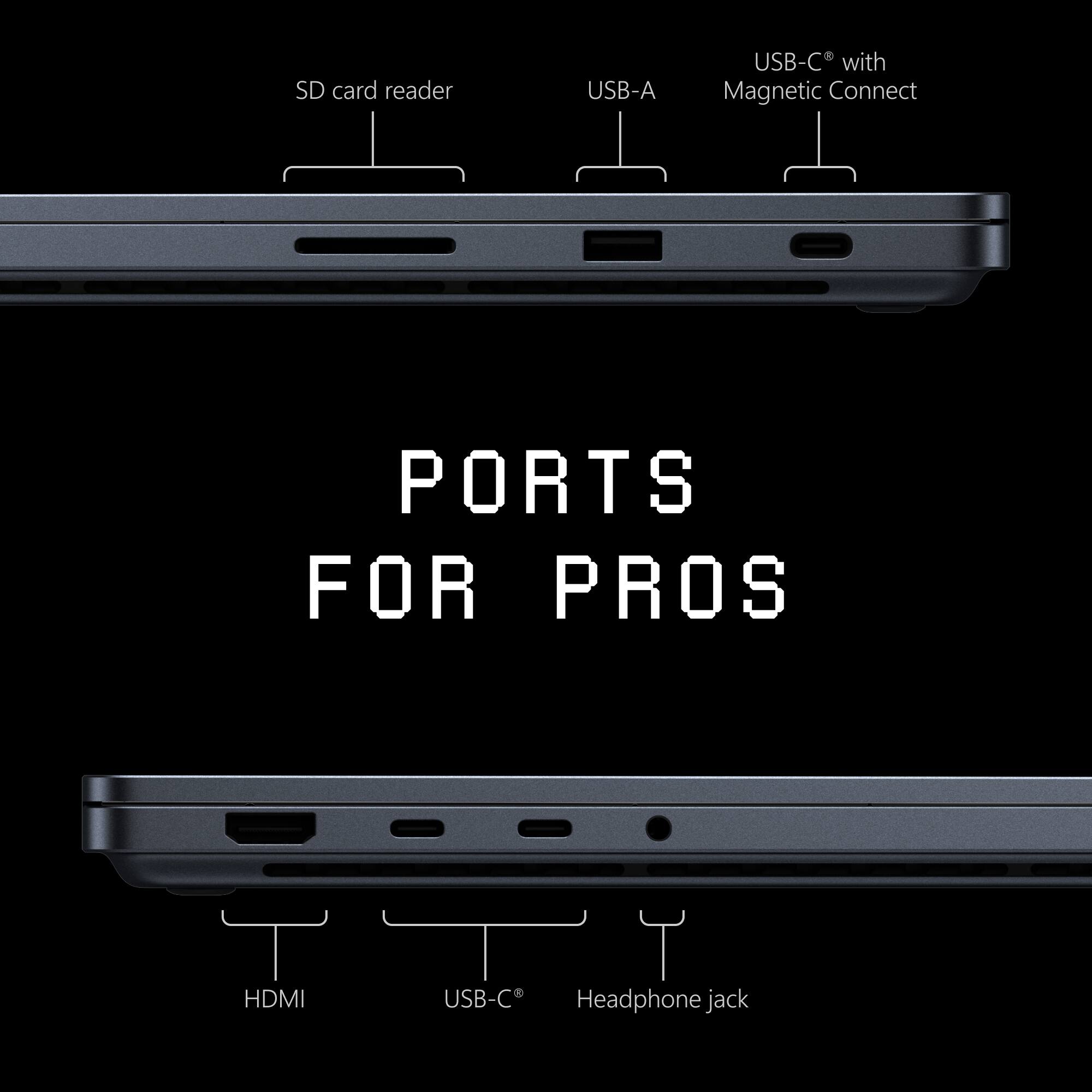 SD card reader  
USB-A  
USB-C with Magnetic Connect  
PORTS FOR PROS  
HDMI  
USB-C  
Headphone jack