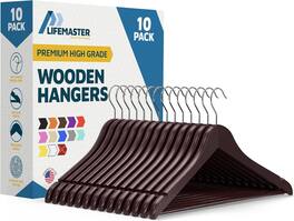 Lifemaster - Wooden Clothes Hangers – 10-Pack, 360° Swivel Hook, Non-Slip Notch, Pants Bar, Holds 10 lbs, for Suits, Coats & Dresses - Cherry