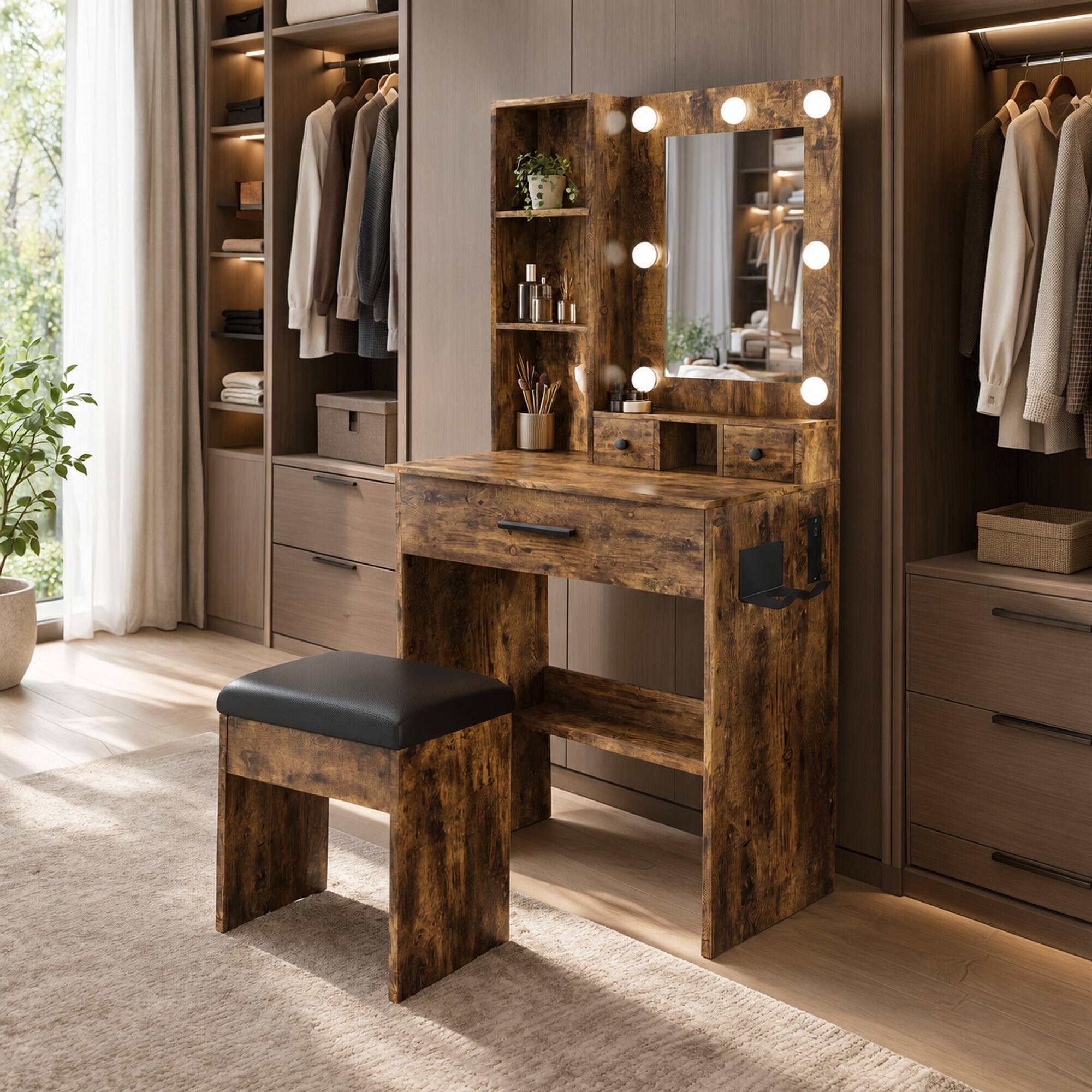 Left. RYHNUYNE - Compact Vanity Table with Mirror, Adjustable LED Lights, Power Outlet, Hairdryer Holder, Stool, Vintage - Vintage.