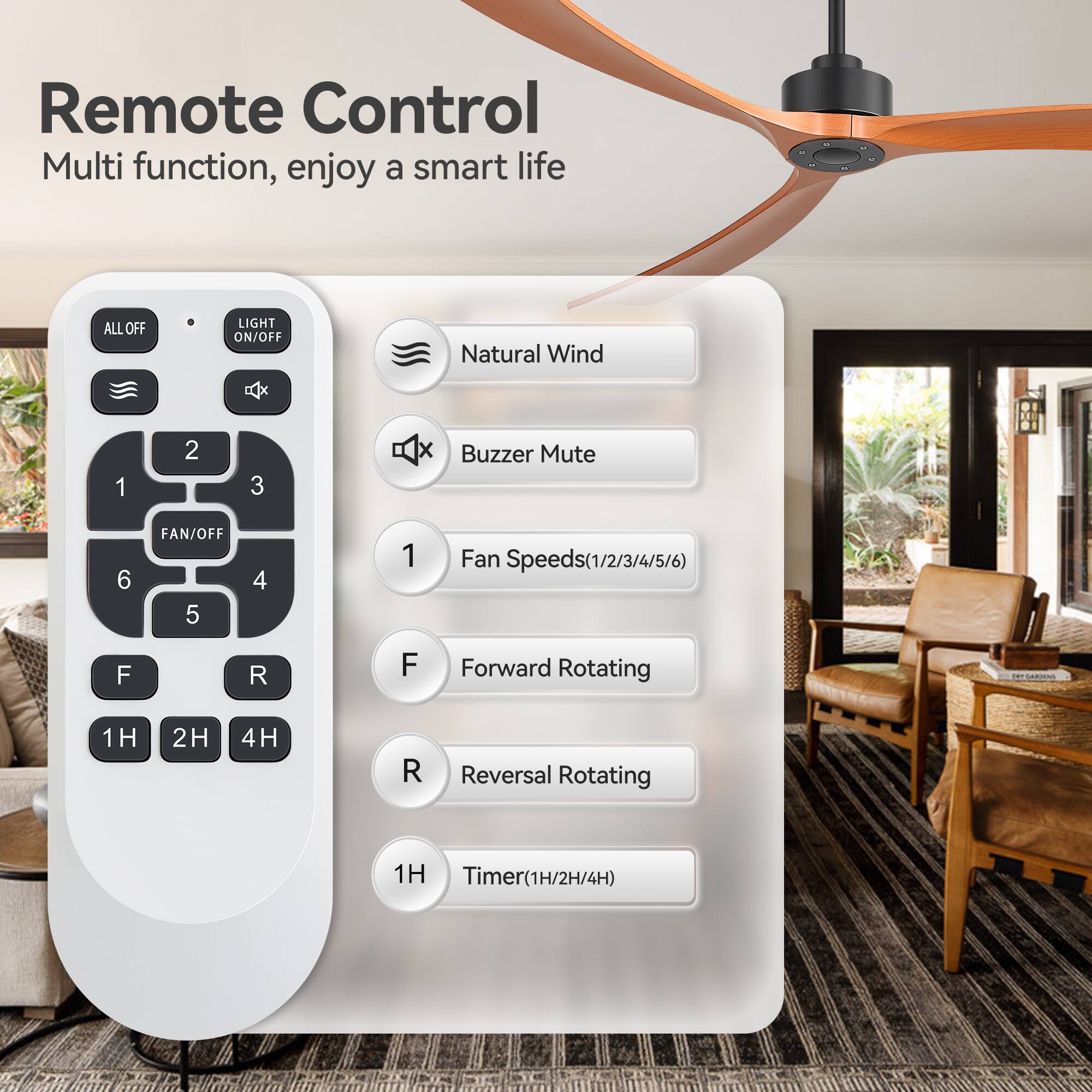 Remote Control Multi function, enjoy a smart life

- ALL OFF
- LIGHT ON/OFF
- Natural Wind
- Buzzer Mute
- FAN/OFF
- Fan Speeds (1/2/3/4/5/6)
- Forward Rotating
- Reversal Rotating
- Timer (1H/2H/4H)