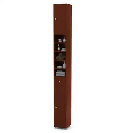 Front. Pefilos - Freestanding Slim Bathroom Cabinet with Drawer and Adjustable Shelves-Brown, Bathroom Storage Cabinet for Entryway - Brown.