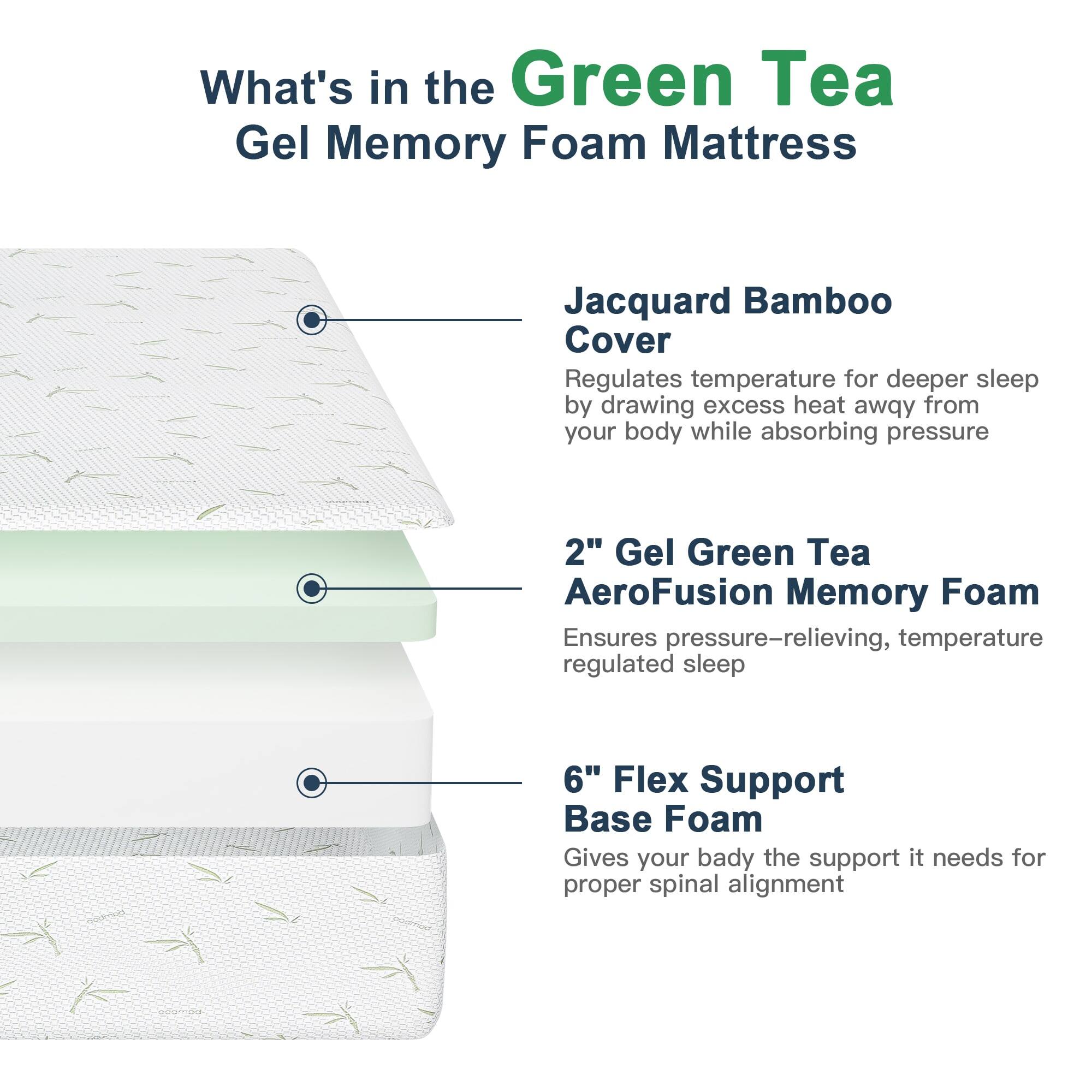 What's in the Green Tea Gel Memory Foam Mattress:

- Jacquard Bamboo Cover
- 2" Gel Green Tea AeroFusion Memory Foam
- 6" Flex Support Base Foam