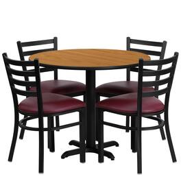 Emma + Oliver - 36" Round Laminate X-Base Table Set with 4 Ladder Back Chairs - Natural Top/Burgundy Vinyl Seat