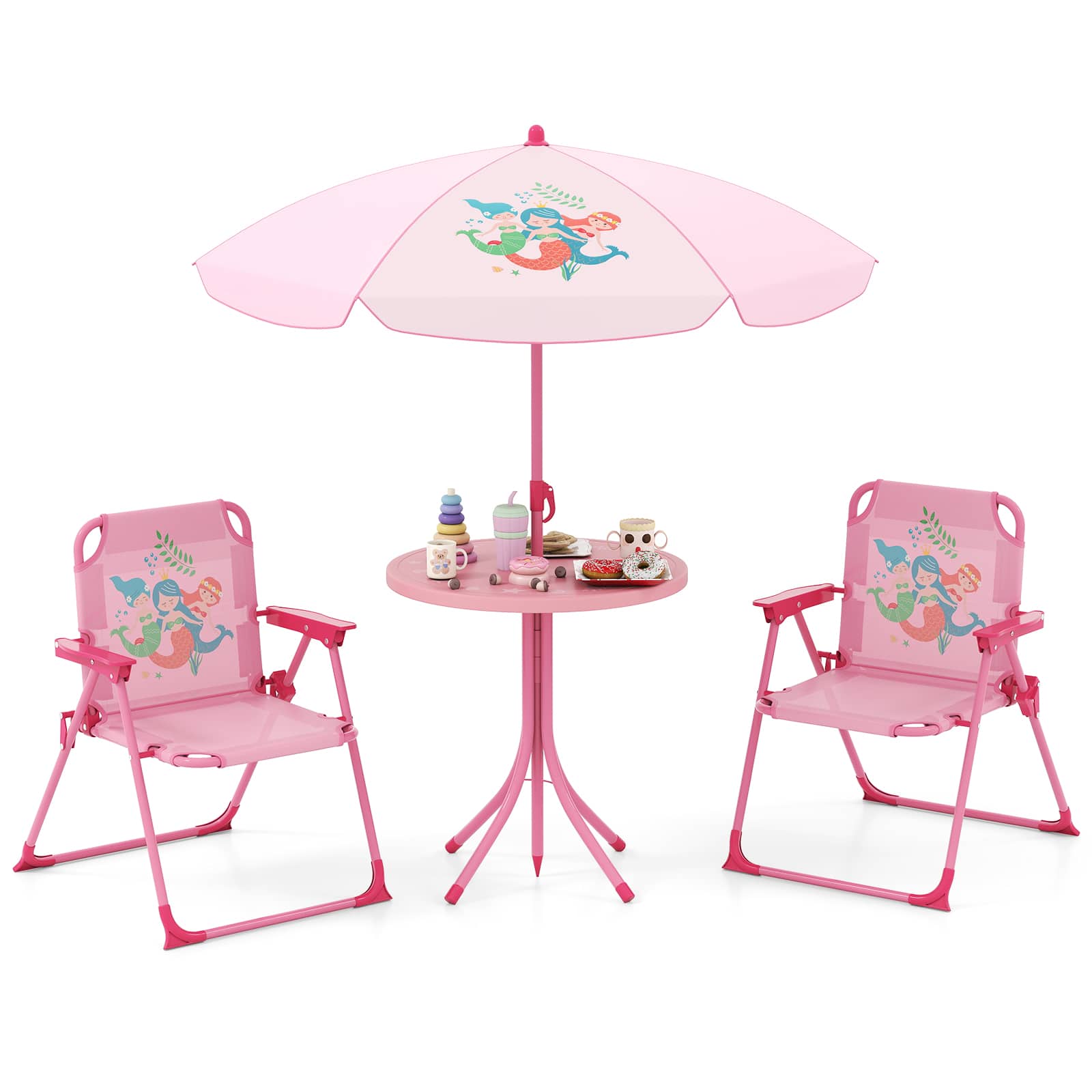 Costway - Kids Picnic Table & Chair Set with 2 Folding Chairs & Height Adjustable Umbrella - Pink