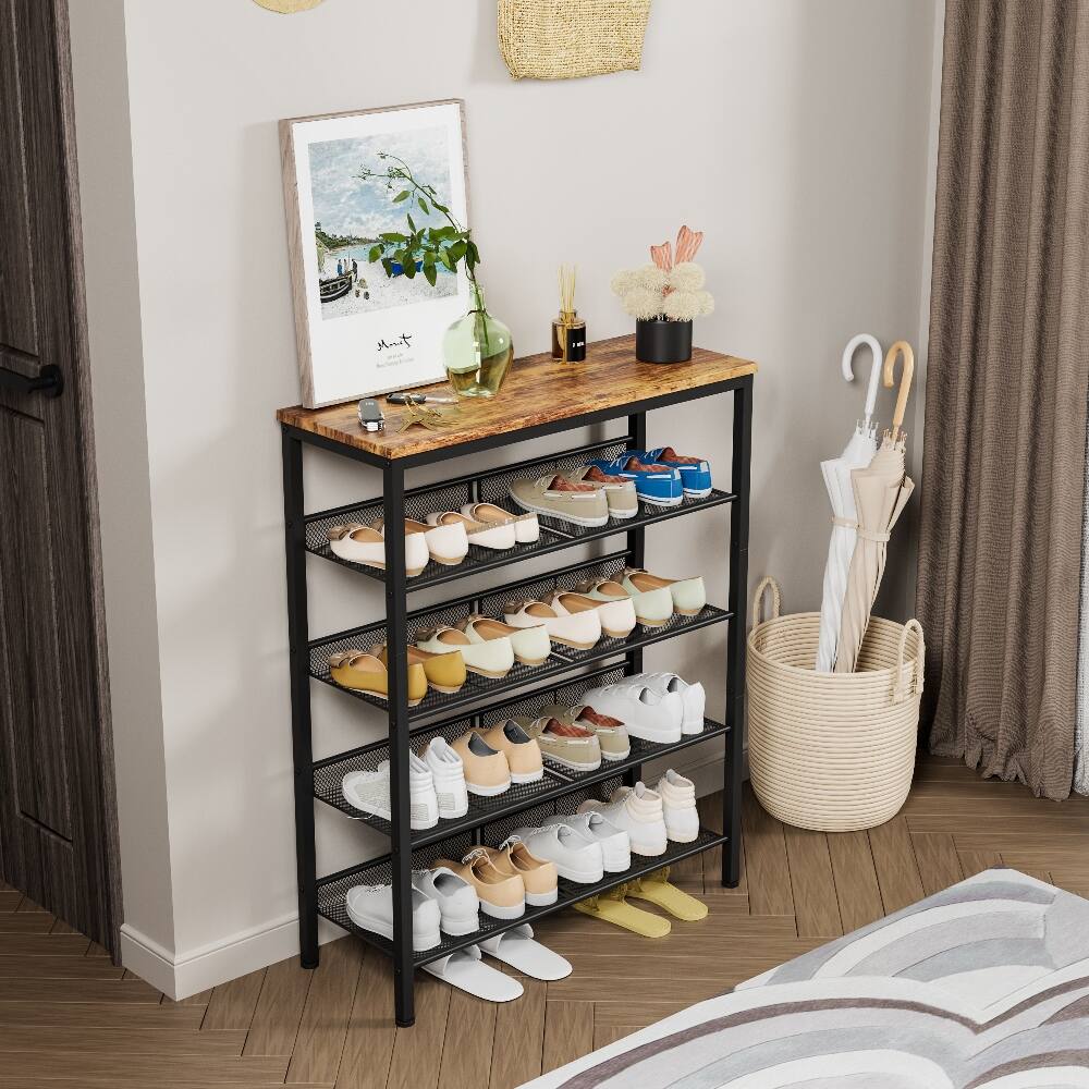 Back. Loheer - Loheer industrial shoe rack, country brown shoe organizer, 5-layer shoe rack with wooden top, 30x11.5x37 in - Country Brown.