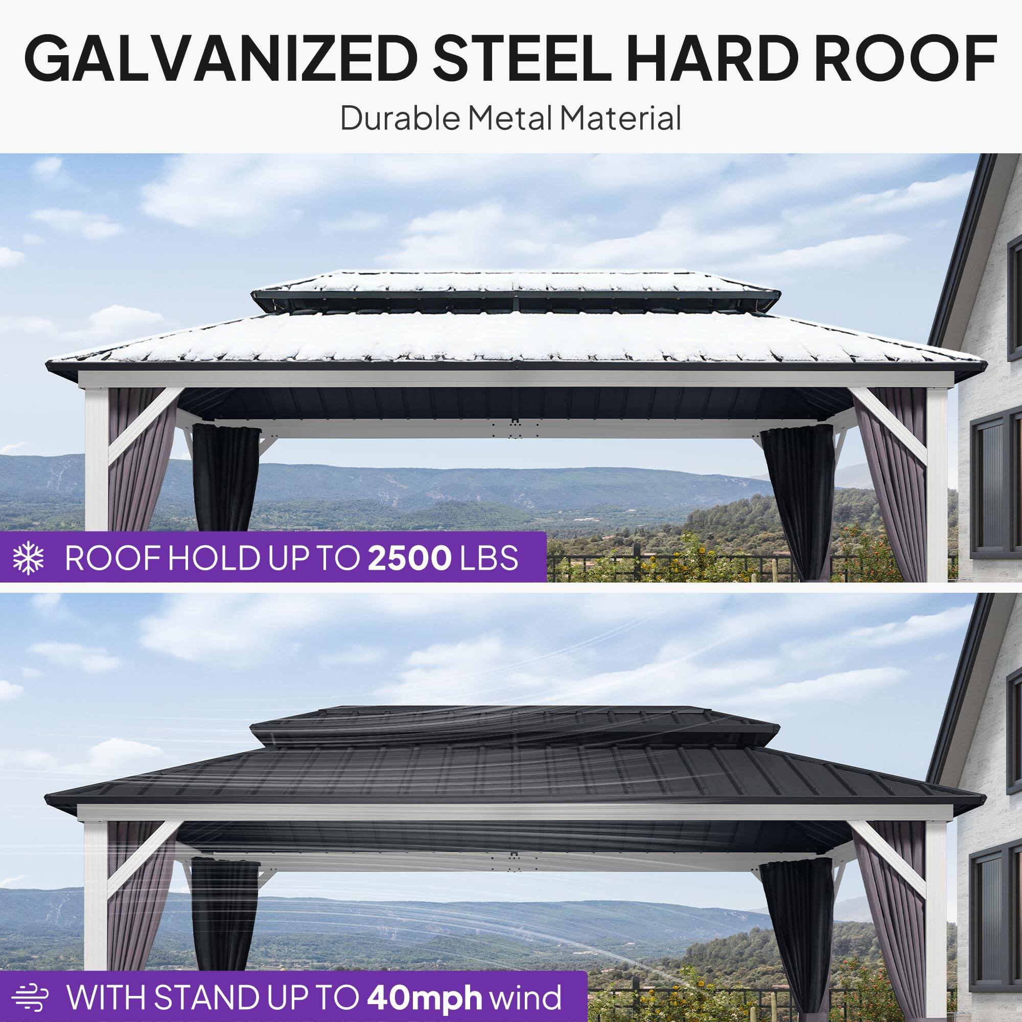 GALVANIZED STEEL HARD ROOF  
Durable Metal Material  

ROOF HOLD UP TO 2500 LBS  

WITH STAND UP TO 40mph wind