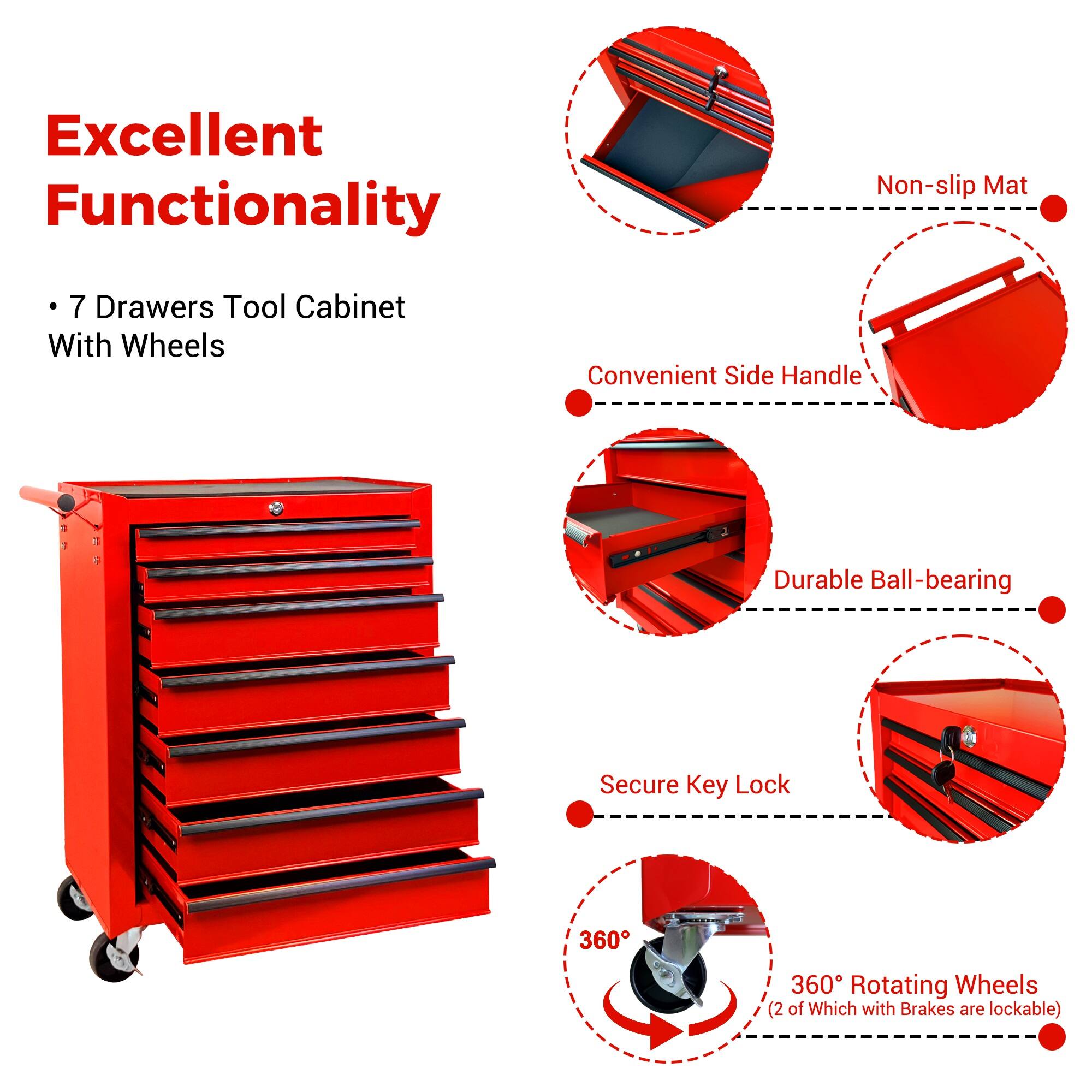 Excellent Functionality

- 7 Drawers Tool Cabinet With Wheels
- Non-slip Mat
- Convenient Side Handle
- Durable Ball-bearing
- Secure Key Lock
- 360° Rotating Wheels (2 of Which with Brakes are lockable)