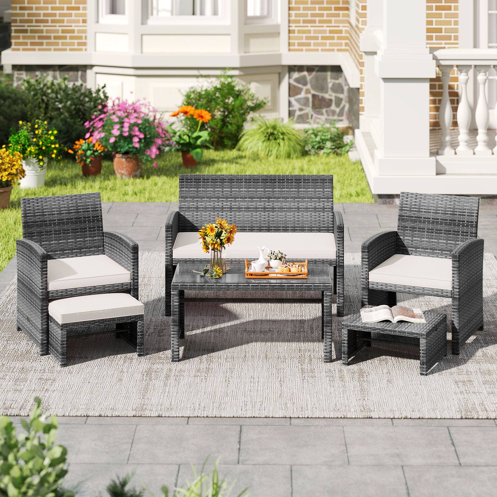 Alt View 1. Costway - Costway 6PCS Patio Furniture Set Outdoor Sectional Conversation PE Rattan Sofa Set - Mix Brown,White.