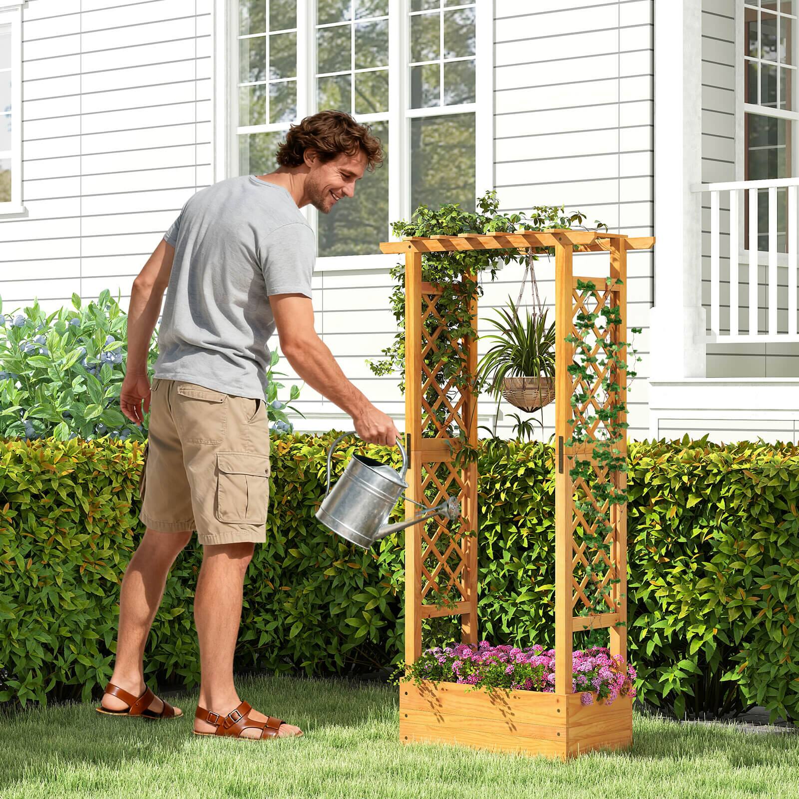 Alt View 3. Costway - Costway 2 PCS 60" Raised Garden Bed with Trellis with Hanging Roof, 2 Side Trellises - Natural.