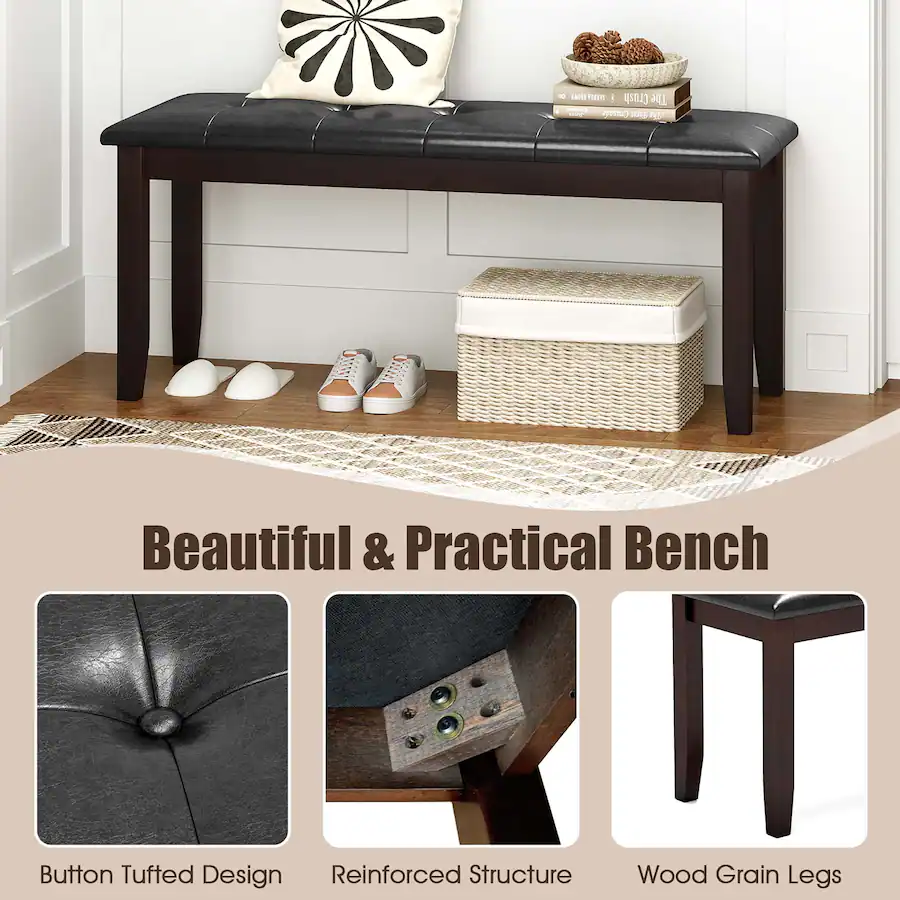 Bench Button Gymax Upholstered PU Dining Room Bench Solid Wood Button Tufted Dining ...