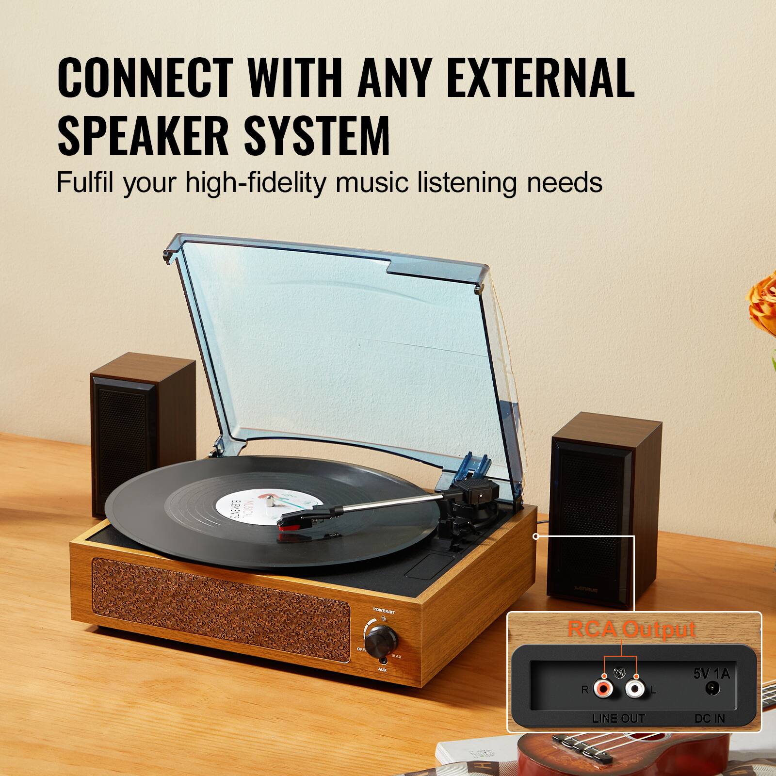 CONNECT WITH ANY EXTERNAL SPEAKER SYSTEM  
Fulfil your high-fidelity music listening needs  

RCA Output  
5V 1A  
LINE OUT  
DC IN