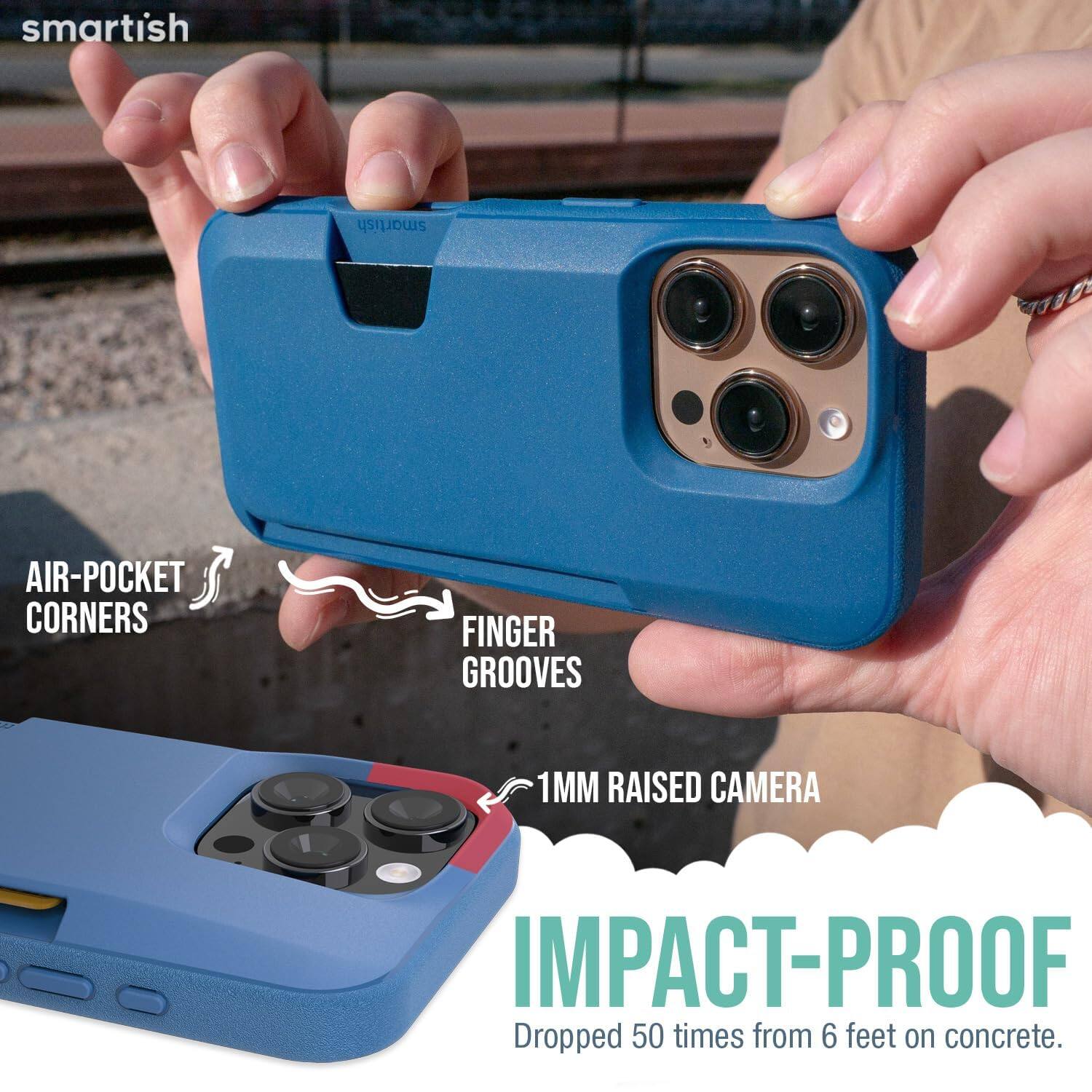 smartish

AIR-POCKET CORNERS  
FINGER GROOVES  
1MM RAISED CAMERA  
IMPACT-PROOF  
Dropped 50 times from 6 feet on concrete.