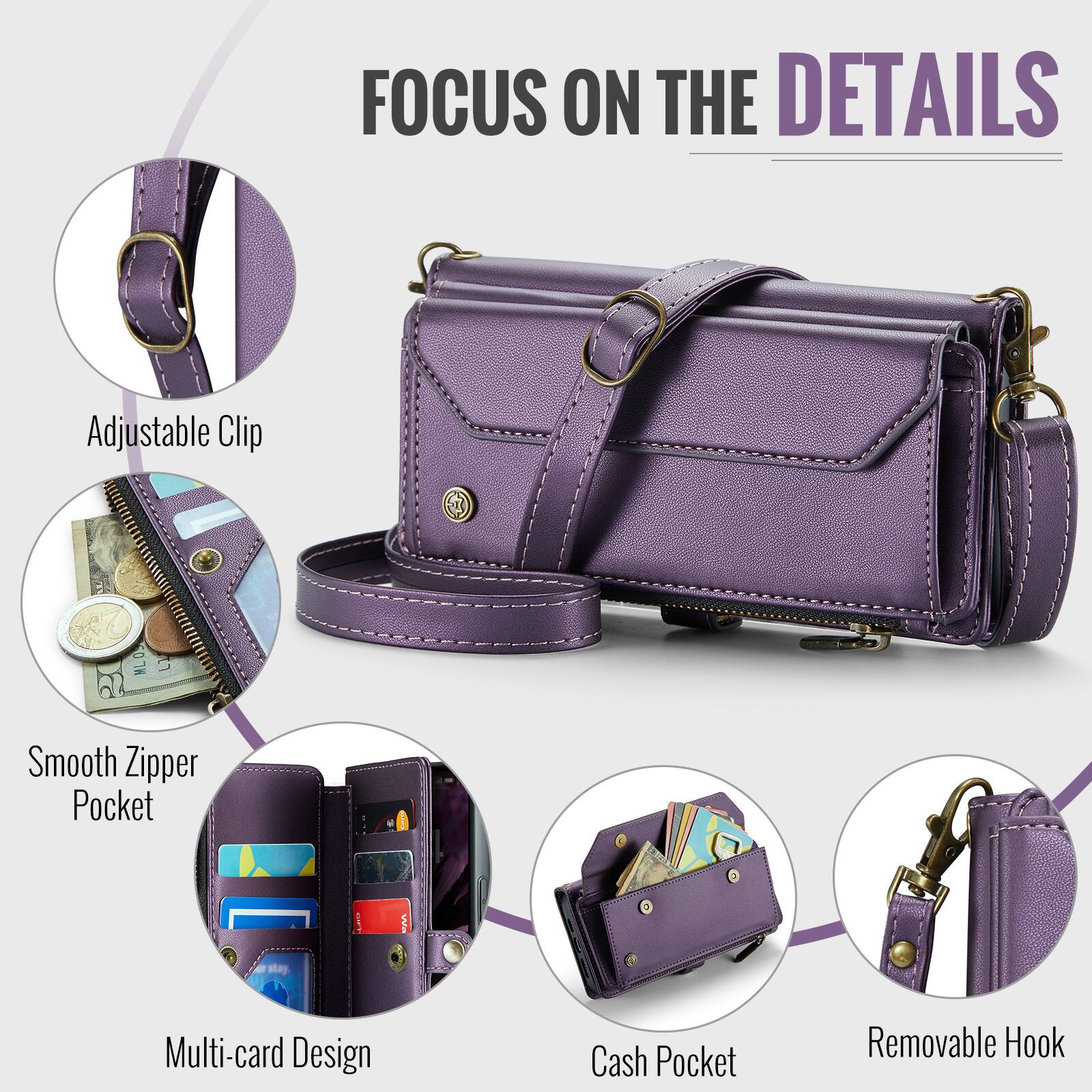 FOCUS ON THE DETAILS

Adjustable Clip WL05

Smooth Zipper Pocket

Multi-card Design

Cash Pocket

Removable Hook