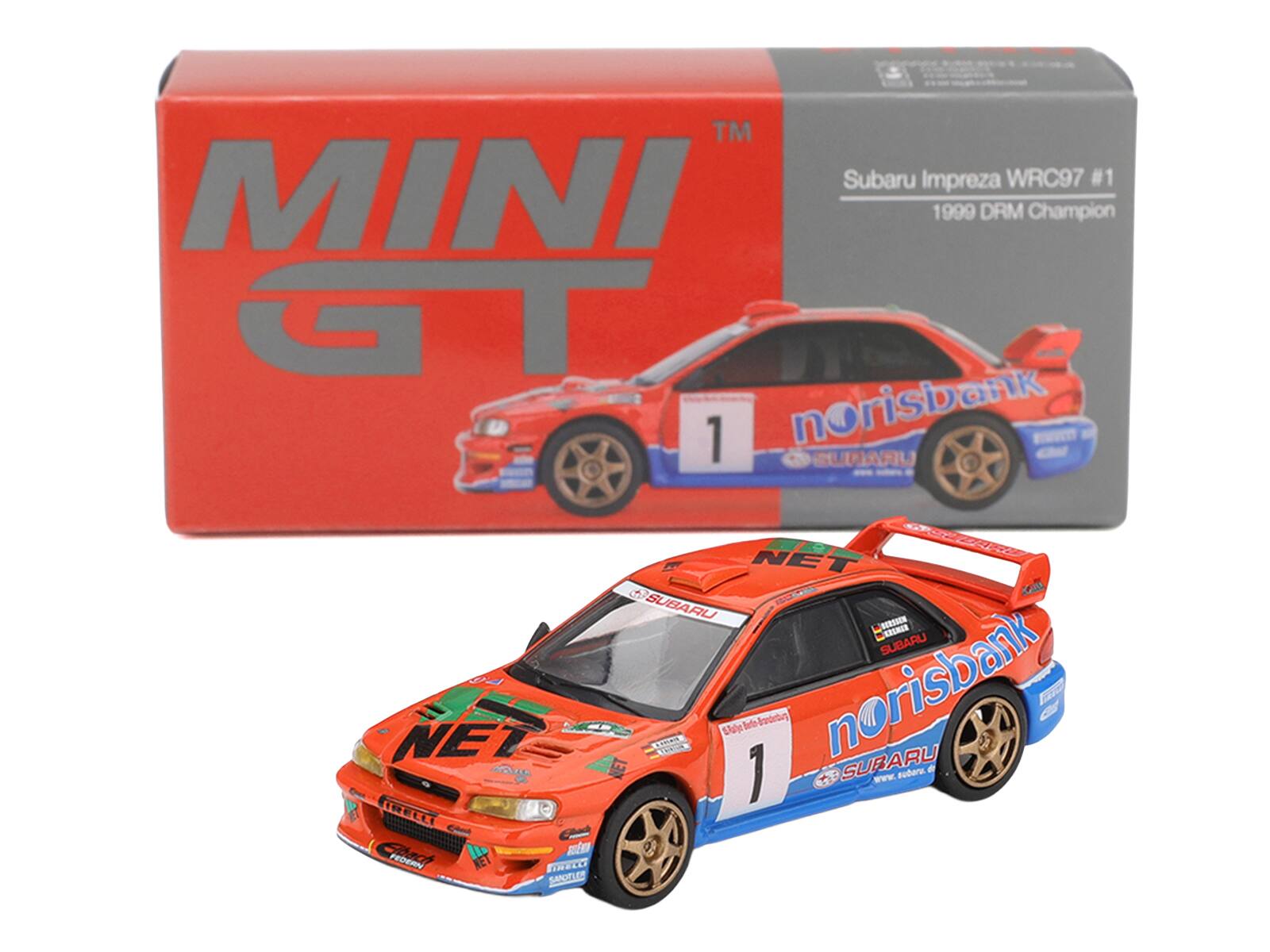 TM Subaru Impreza WRC97 #1 MINI 1999 DRM Champion GT 1 norisbank SUNARU NET Kz SUBARU RSEN ARSNGE SUBARU NET A MGS SITCS Vule bete Ioort norisbank SUBARU 1 tudere e Ww IMELLI zi PEOEAN INELL SAPORLM