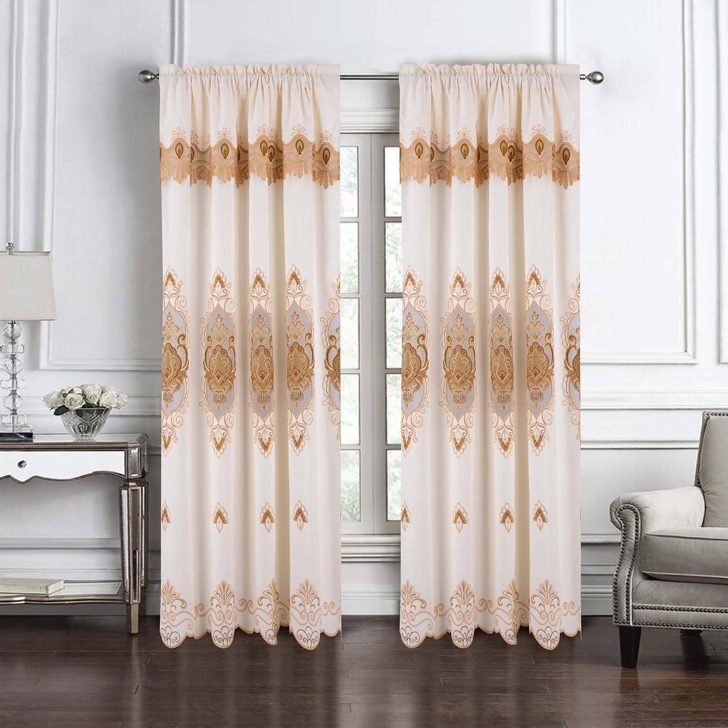 Angle. RT Designers Collection - RT Designer Collection Betsy Macrame Rod Pocket Curtain Panel 52" x 84" Gold - Gold.