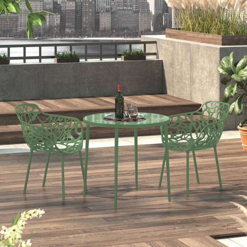 Angle. LeisureMod - Set of 2 Devon Aluminum Dining Chair with UV-Protected Aluminum Frame Floral Cutout Design for Indoor Outdoor - Khaki Green.