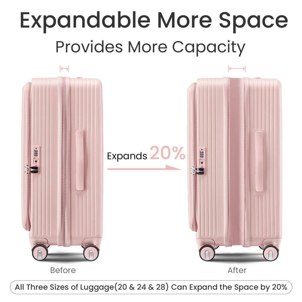 Expandable More Space  
Provides More Capacity  

Expands 20%  

Before  
After  

All Three Sizes of Luggage (20 & 24 & 28) Can Expand the Space by 20%