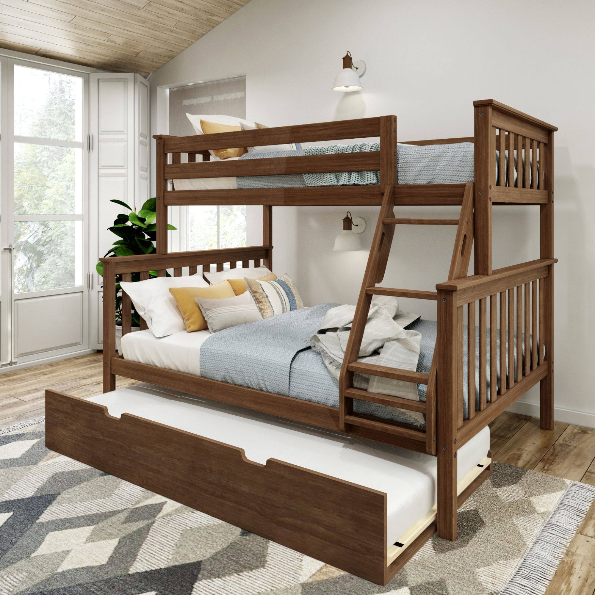 Front. Plank+Beam - Classic Twin over Full Bunk Bed Bed with Trundle, Walnut - Walnut.