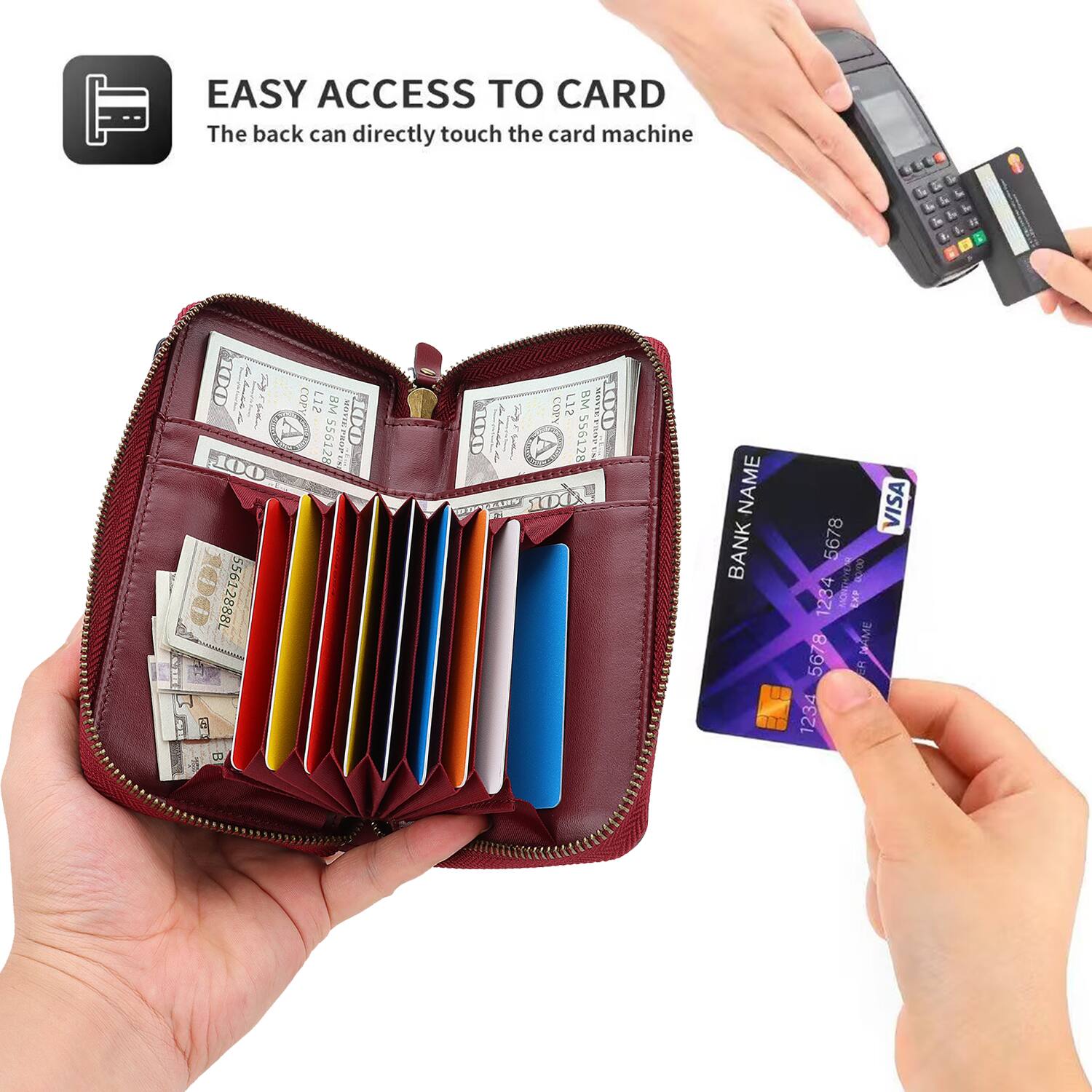 EASY ACCESS TO CARD  
The back can directly touch the card machine

100 100 55612888L  
COPY LIS BM 100 556128 RPROPUS  
COPY LTS BM MOVIET 100 100 556128 MOVIE PROPEN DDIMARY 100!  
NAME BANK  
5678 1234 5678 1234  
EXP NAME ER  
VISA