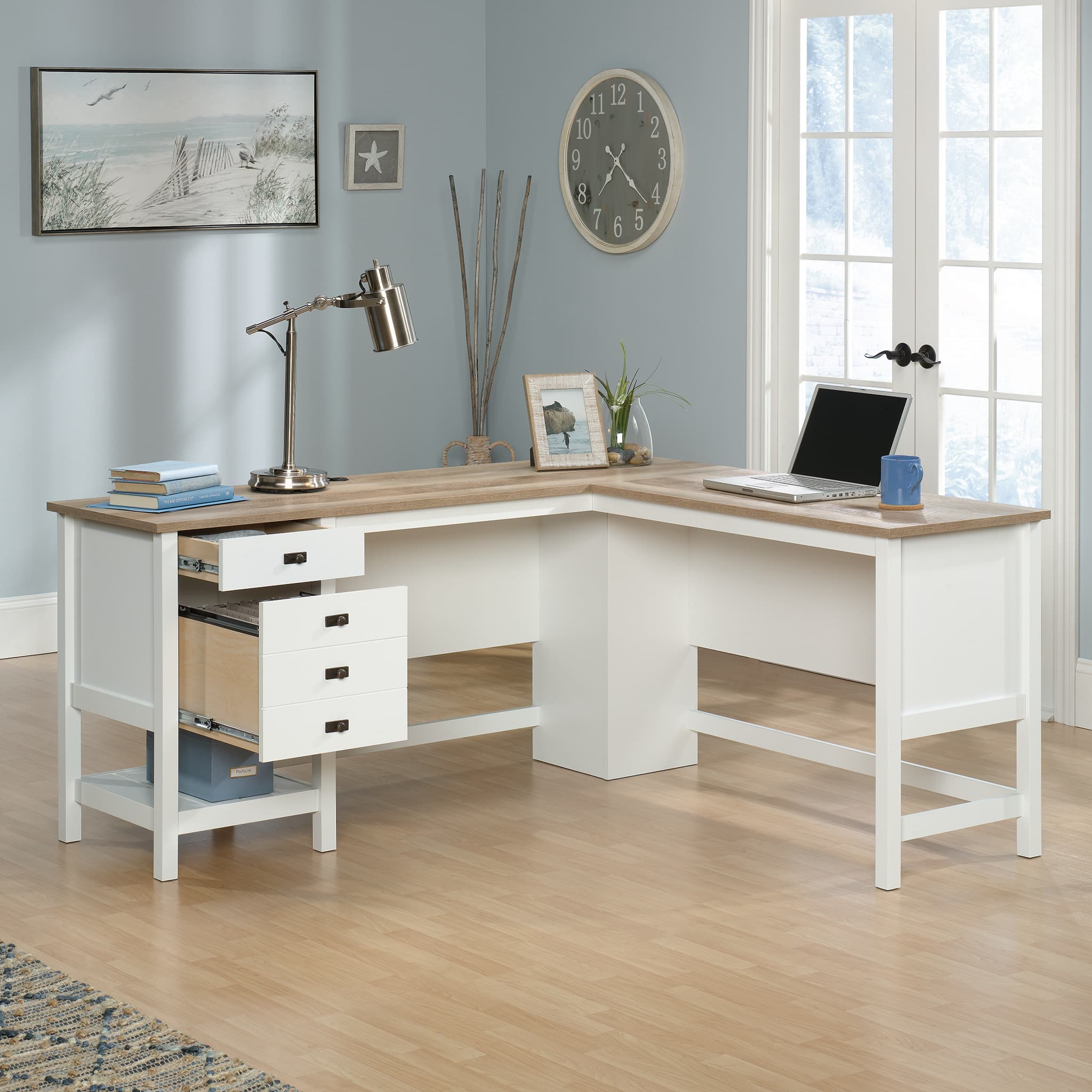 Angle. Sauder - Cottage Road L with Oak Finish Top Desk - Soft White.