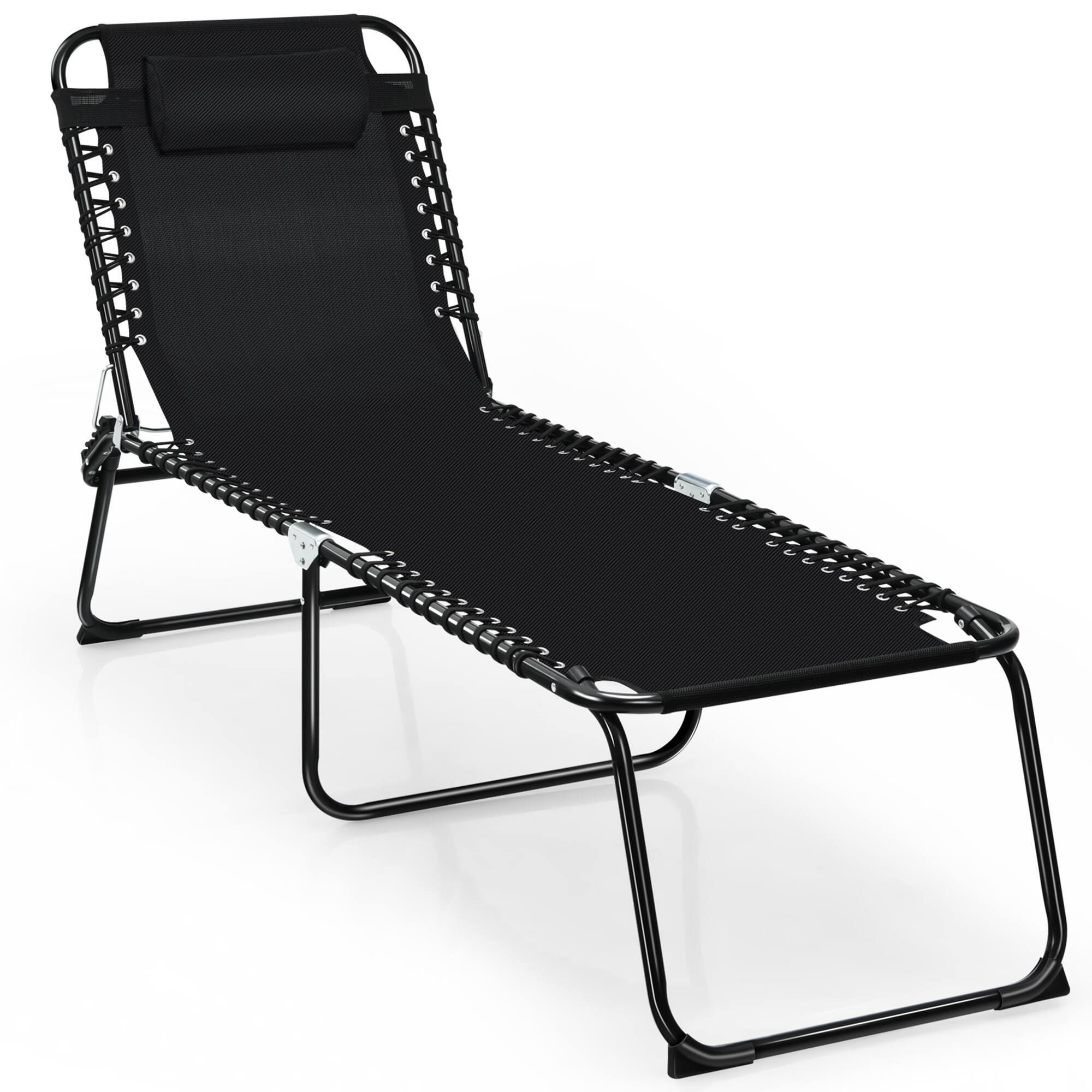 Alt View 4. Gymax - Gymax Folding Beach Lounger Chaise Lounge Chair w/ Pillow 4-Level Backrest Black - Black.