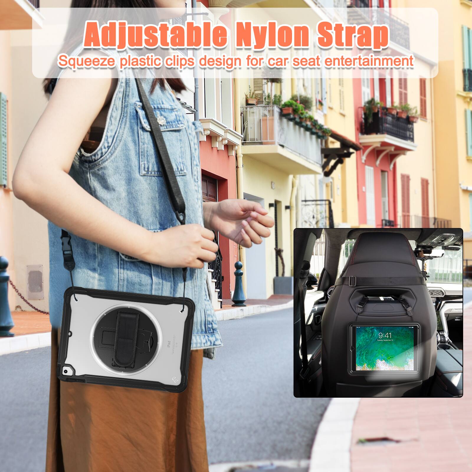 Adjustable Nylon Strap  
Squeeze plastic clips design for car seat entertainment