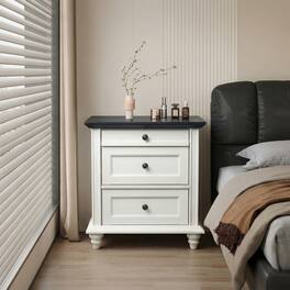 Vaczon - Farmhouse 3-Drawer Nightstand with Solid Wood Legs - White